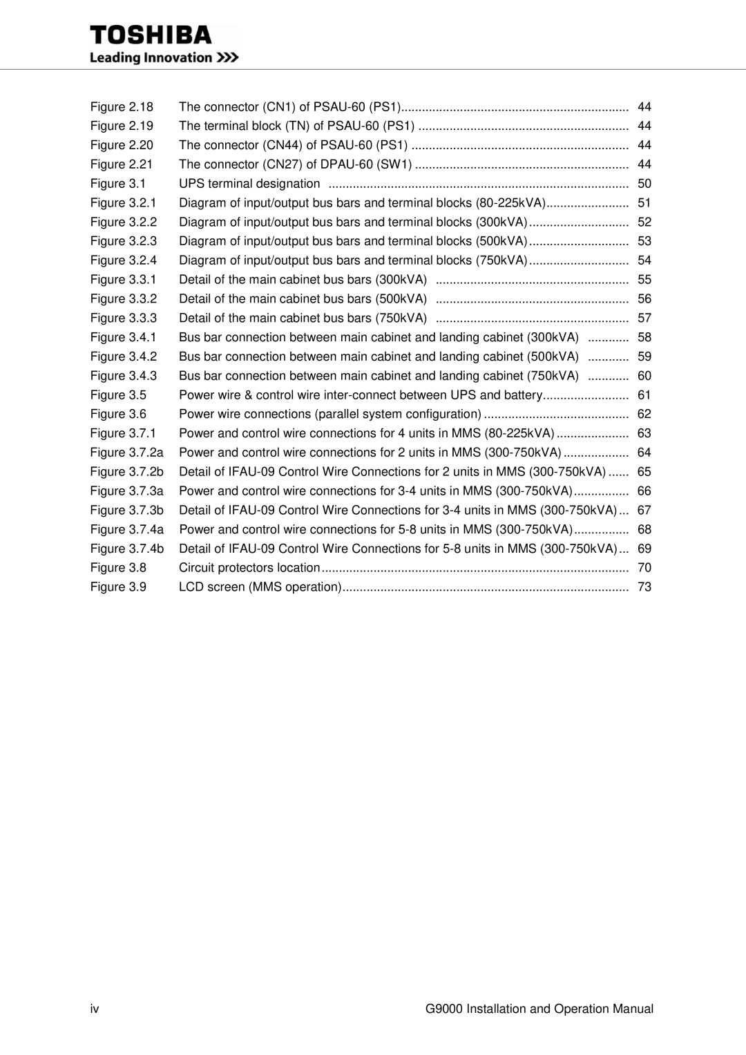 Toshiba G9000 operation manual Power wire connections parallel system configuration 