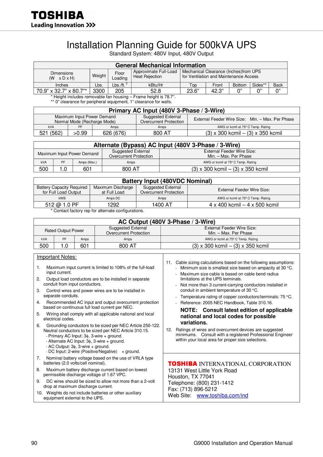 Toshiba G9000 operation manual 70.9 x 32.7 x 3300 205 52.8 23.6 42.3, 521 626 800 AT 300 kcmil 3 x 350 kcmil 