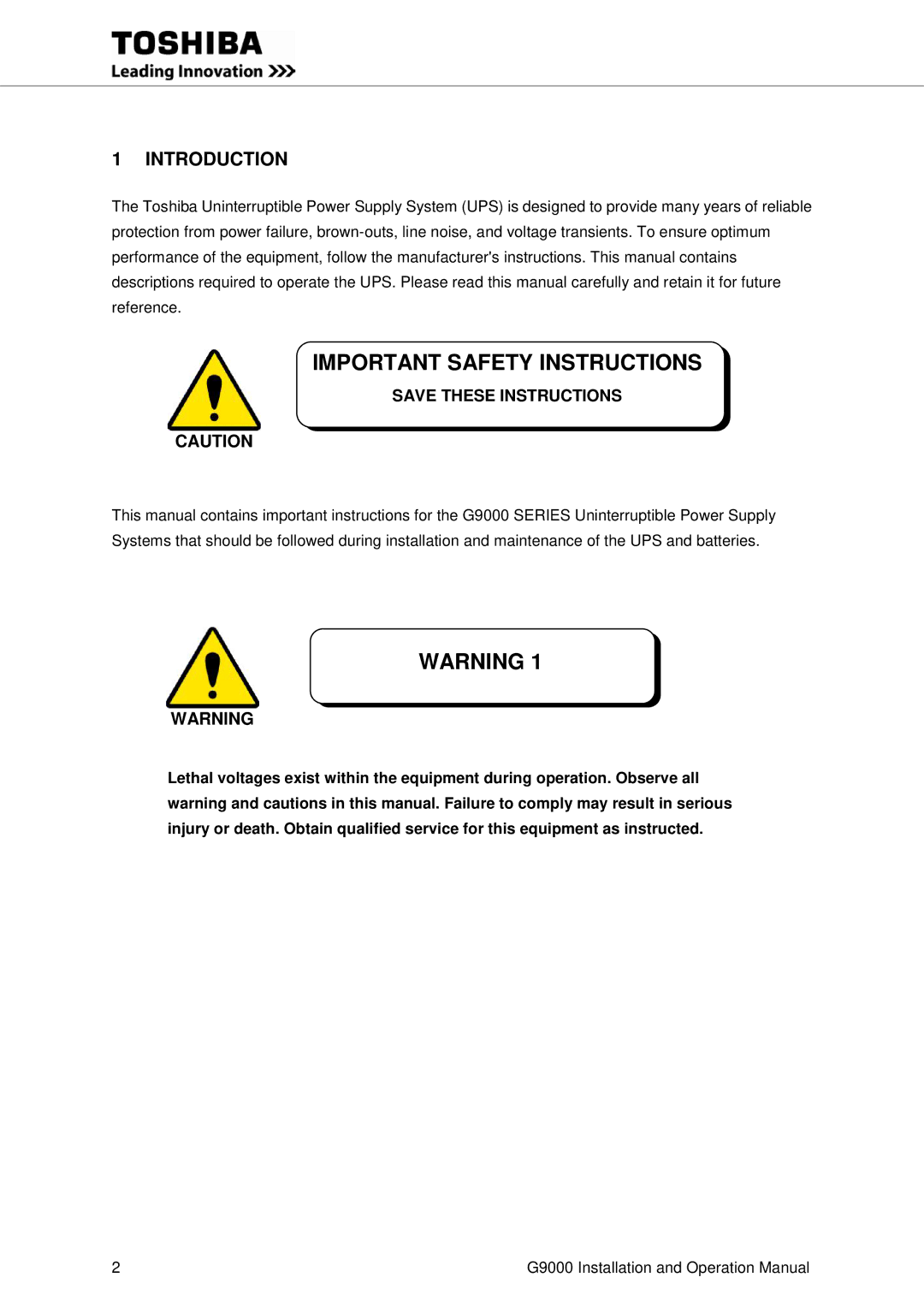 Toshiba G9000 operation manual Important Safety Instructions 