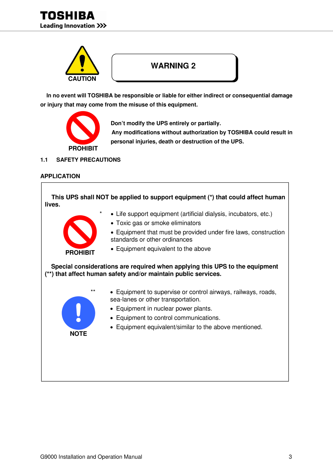 Toshiba G9000 operation manual Safety Precautions 