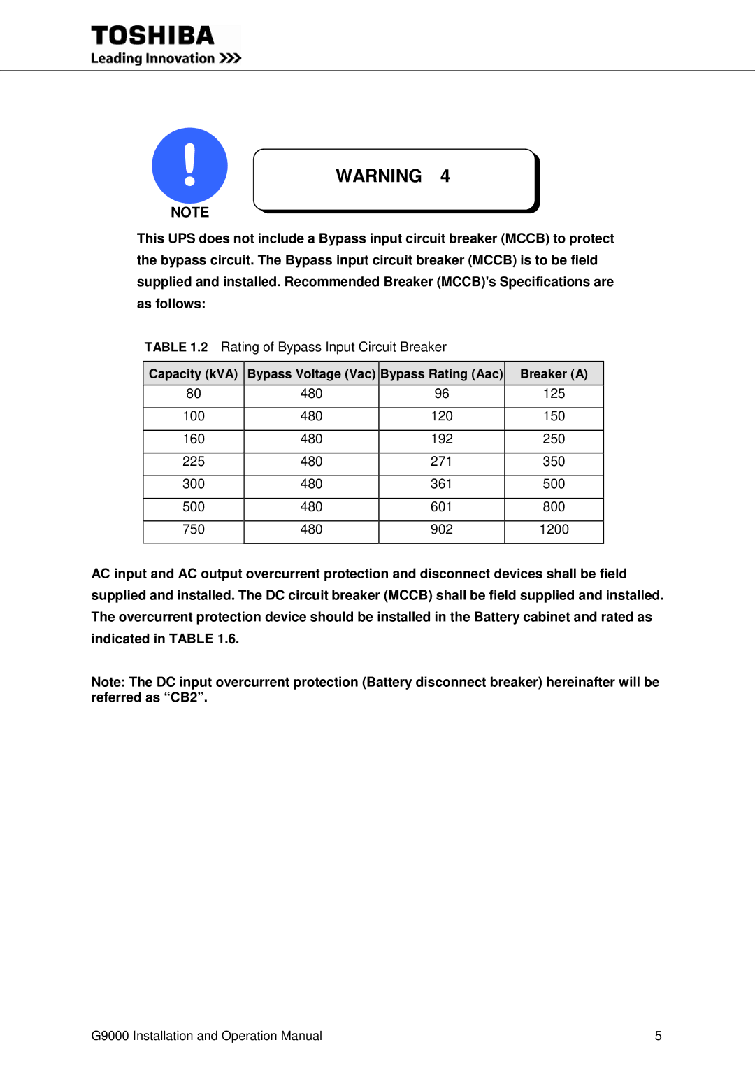 Toshiba G9000 operation manual Capacity kVA Bypass Voltage Vac Bypass Rating Aac Breaker a 