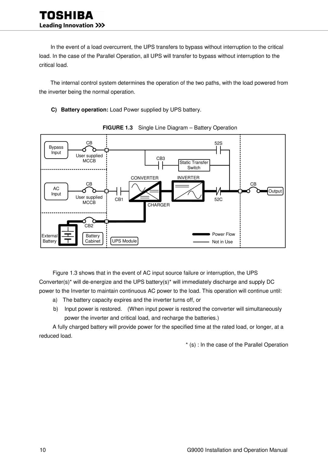 Toshiba G9000 operation manual Single Line Diagram Battery Operation 