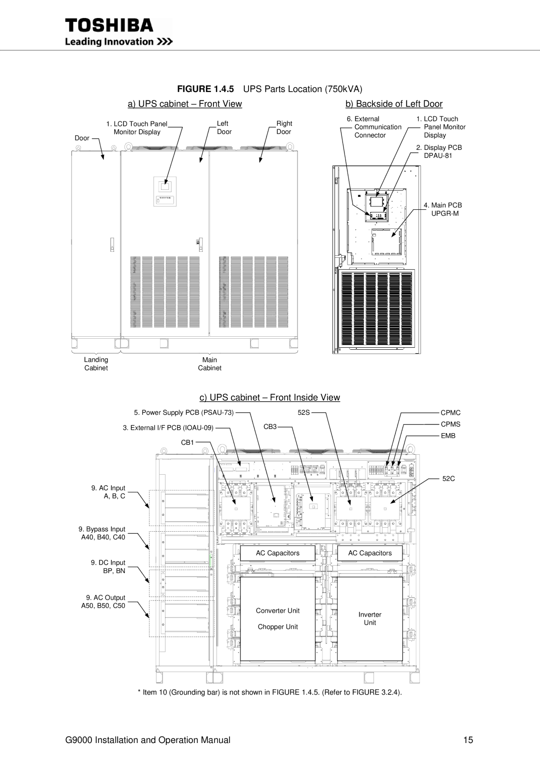 Toshiba G9000 operation manual Item 10 Grounding bar is not shown in .4.5. Refer to Figure 