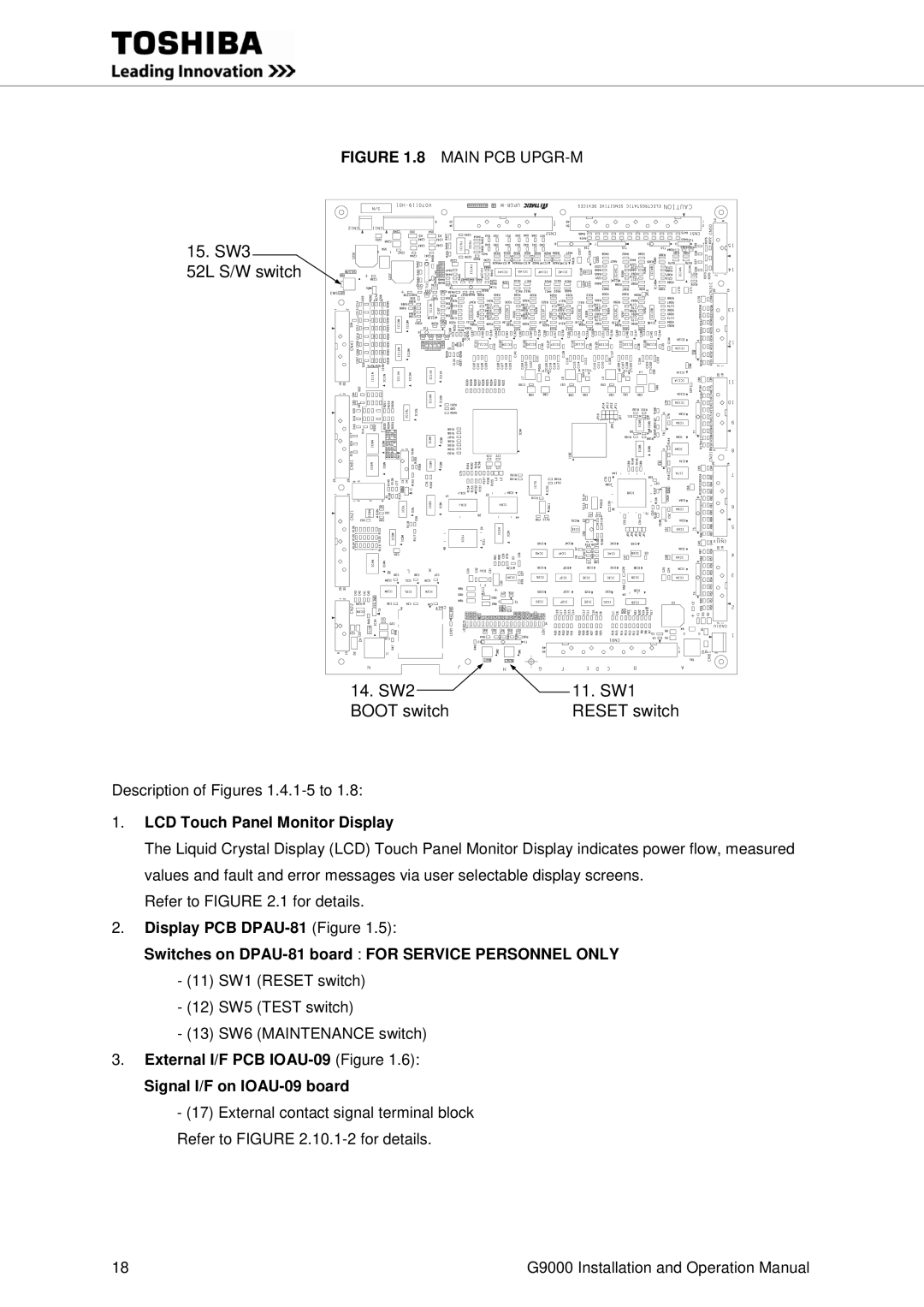 Toshiba G9000 operation manual Description of Figures 1.4.1-5 to, LCD Touch Panel Monitor Display 