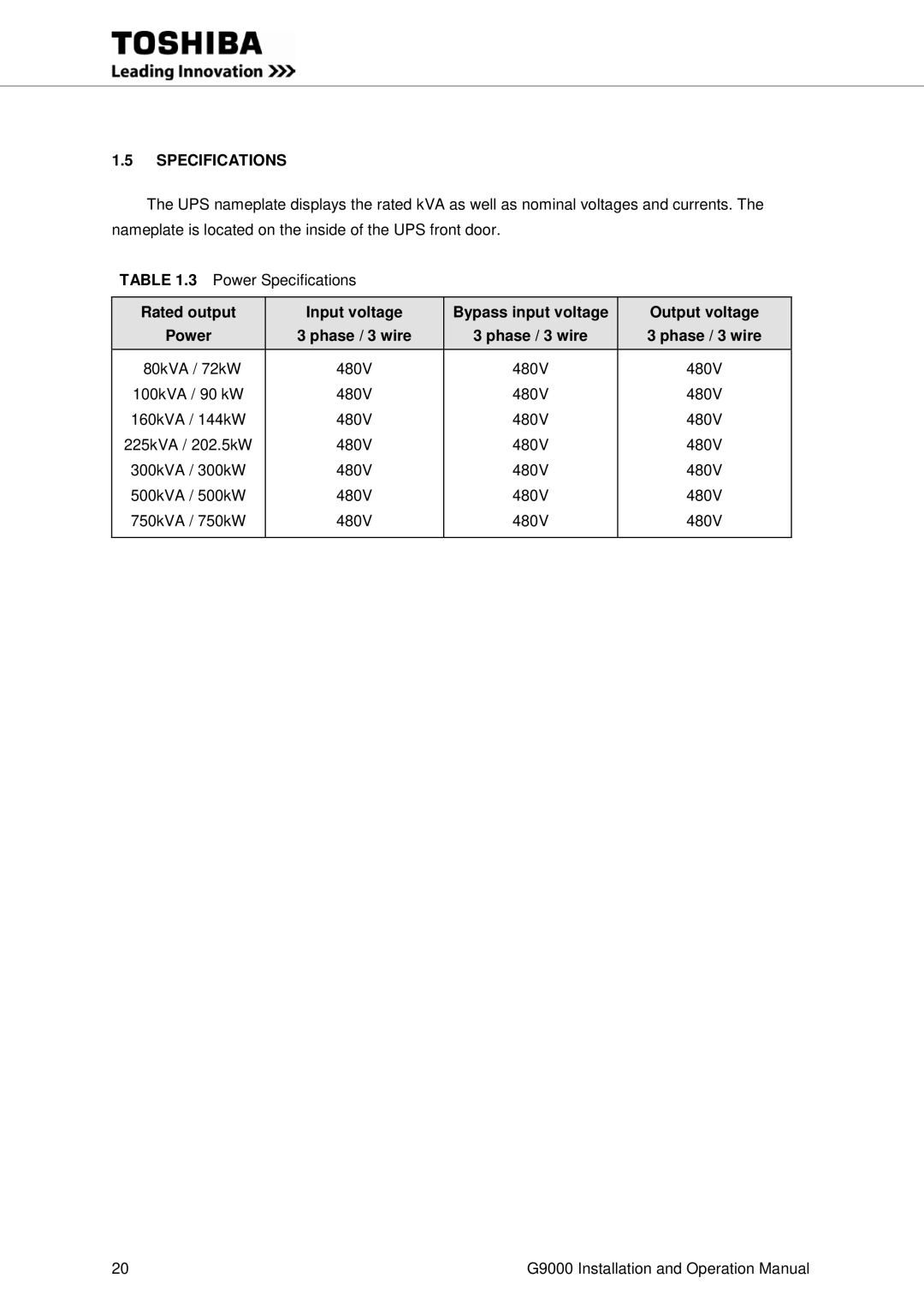 Toshiba G9000 operation manual Specifications, 80kVA / 72kW 480V 