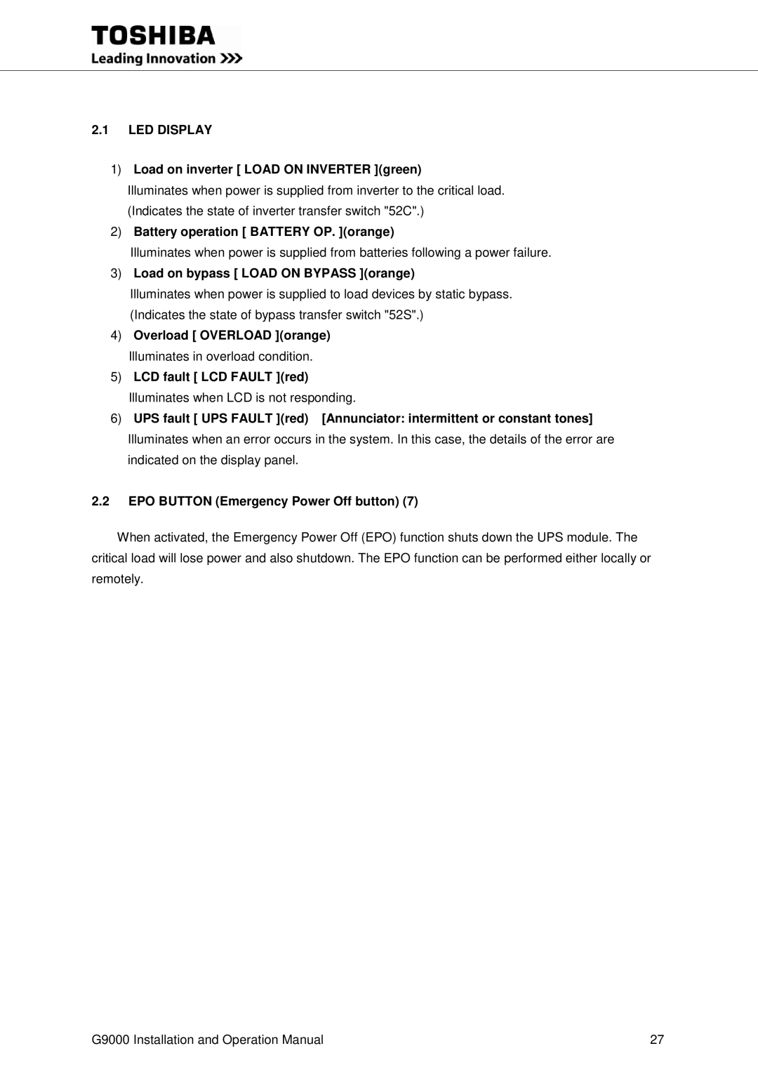 Toshiba G9000 operation manual LED Display, Load on inverter Load on Inverter green, Battery operation Battery OP. orange 