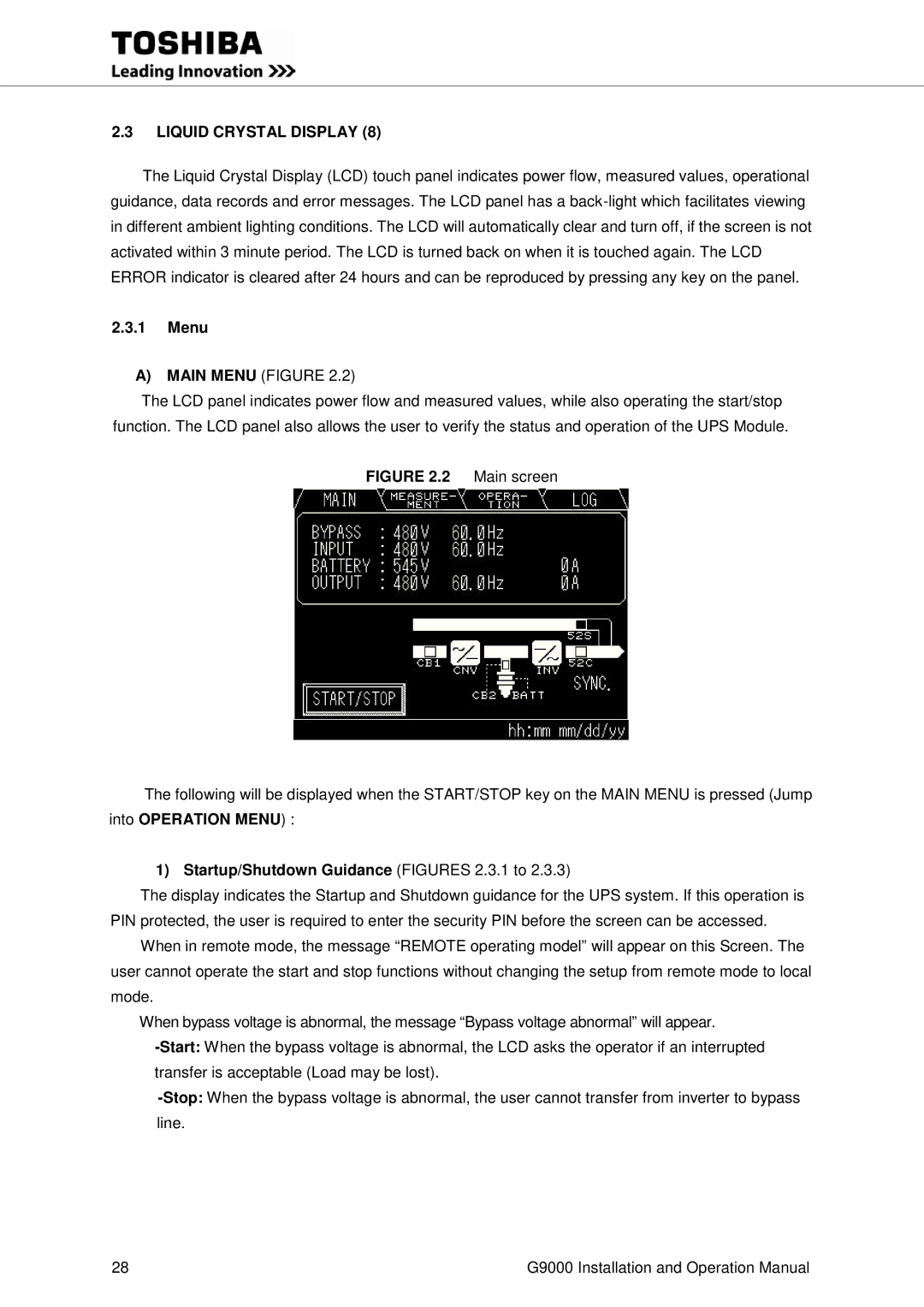 Toshiba G9000 operation manual Liquid Crystal Display, Menu, Startup/Shutdown Guidance Figures 2.3.1 to 