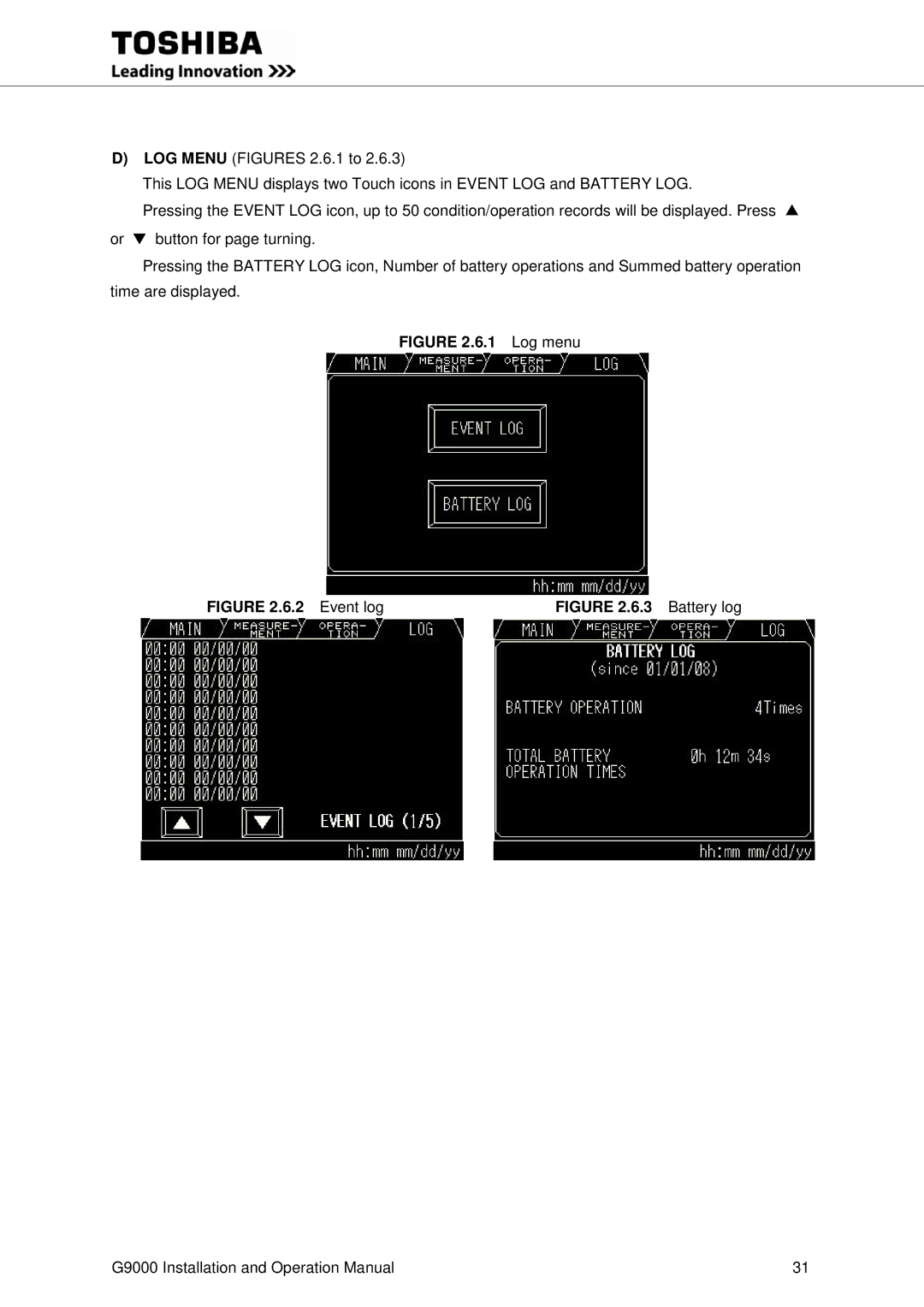 Toshiba G9000 operation manual Log menu 