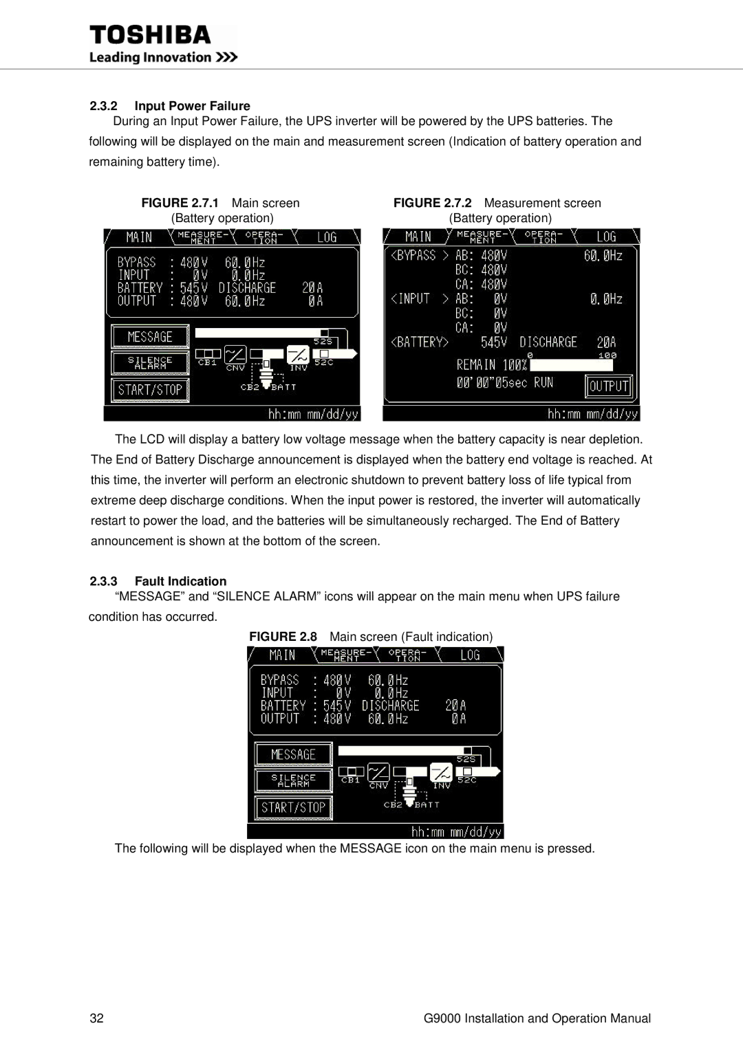 Toshiba G9000 operation manual Input Power Failure, Fault Indication 