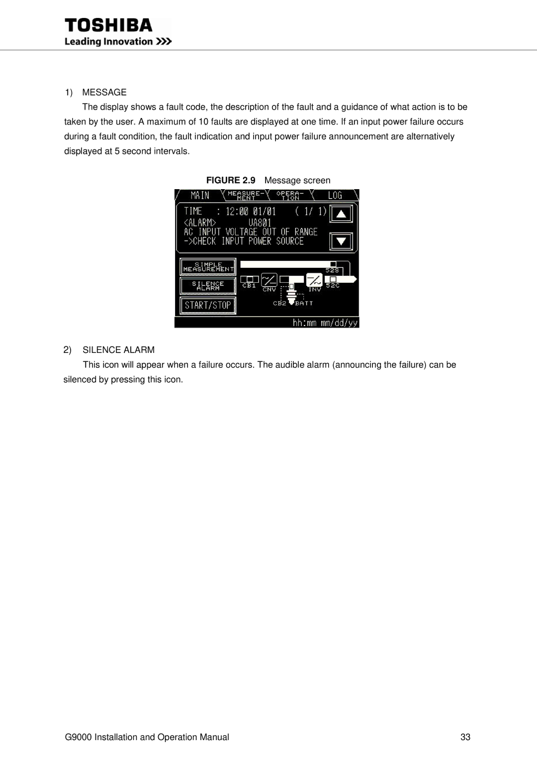 Toshiba G9000 operation manual Message 