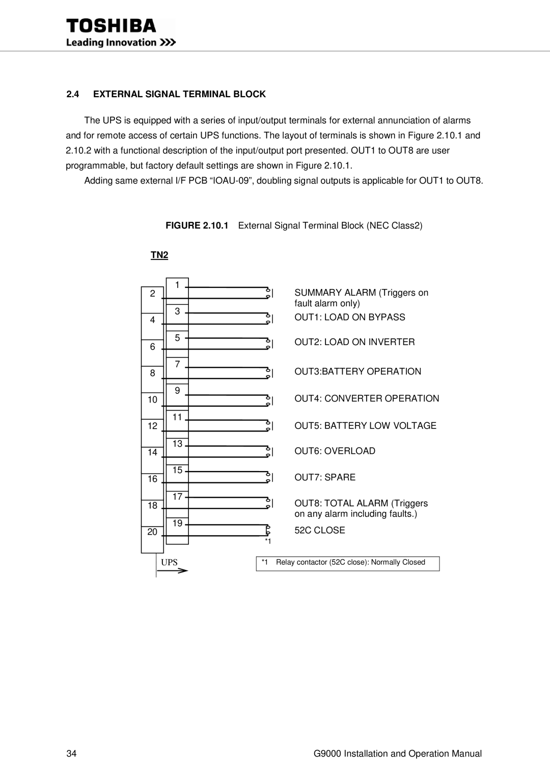 Toshiba G9000 operation manual External Signal Terminal Block, TN2, Summary Alarm Triggers on fault alarm only 