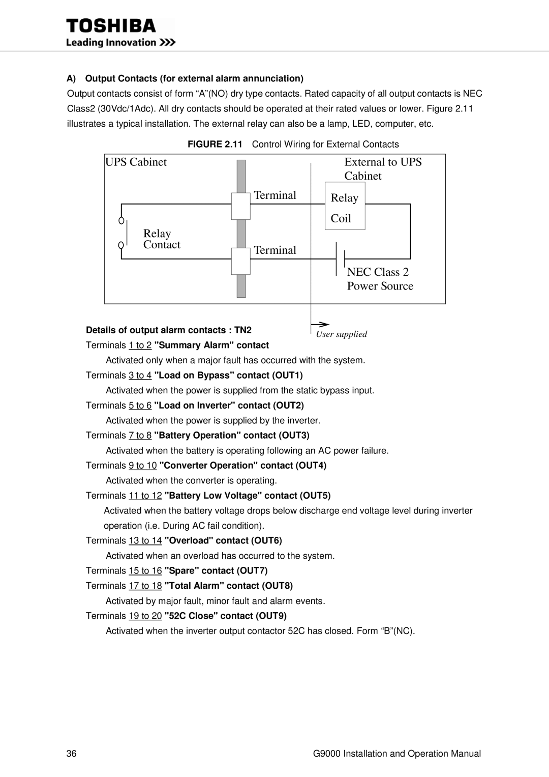 Toshiba G9000 Output Contacts for external alarm annunciation, Terminals 3 to 4 Load on Bypass contact OUT1 