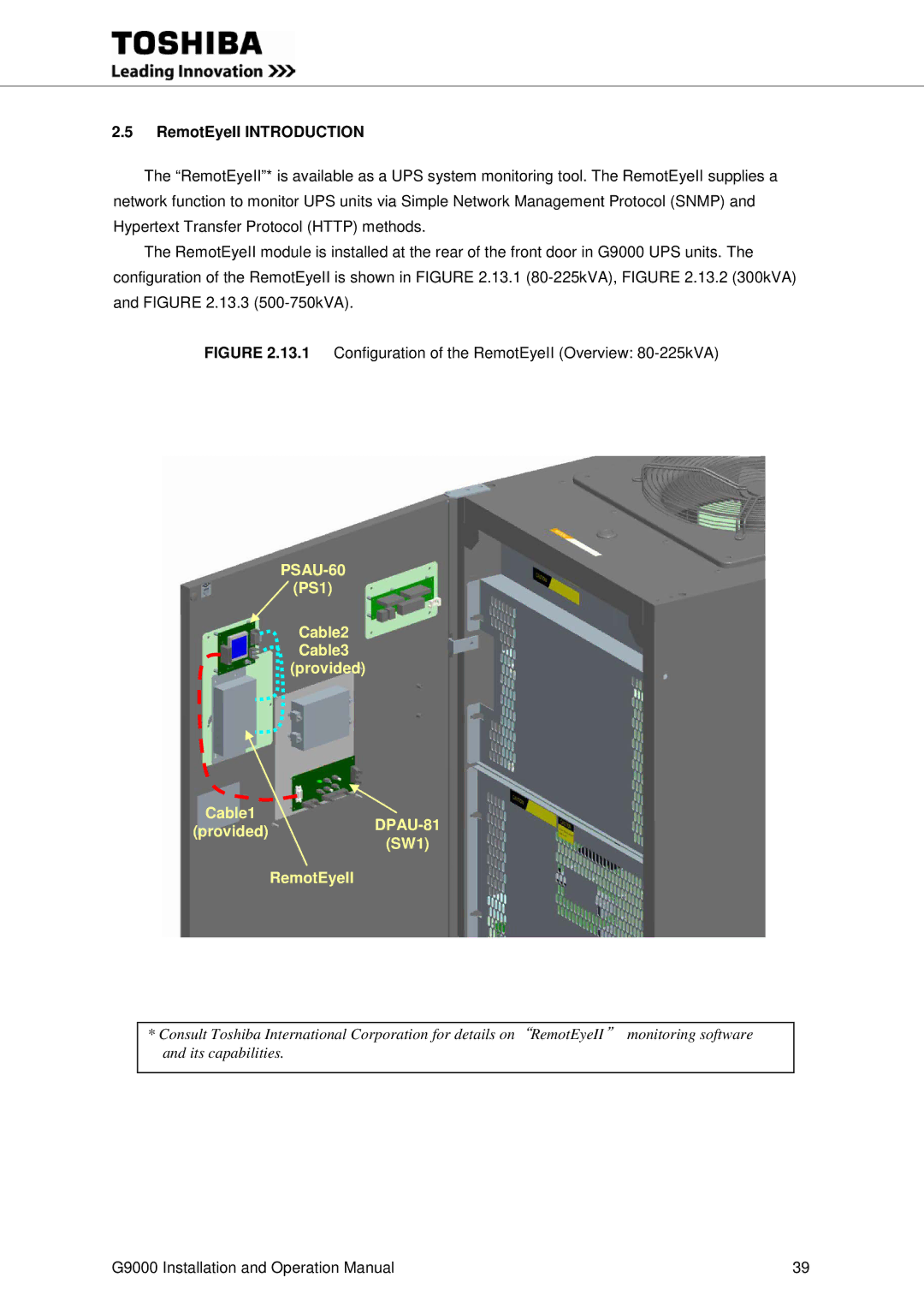 Toshiba G9000 operation manual RemotEyeII Introduction, Configuration of the RemotEyeII Overview 80-225kVA 