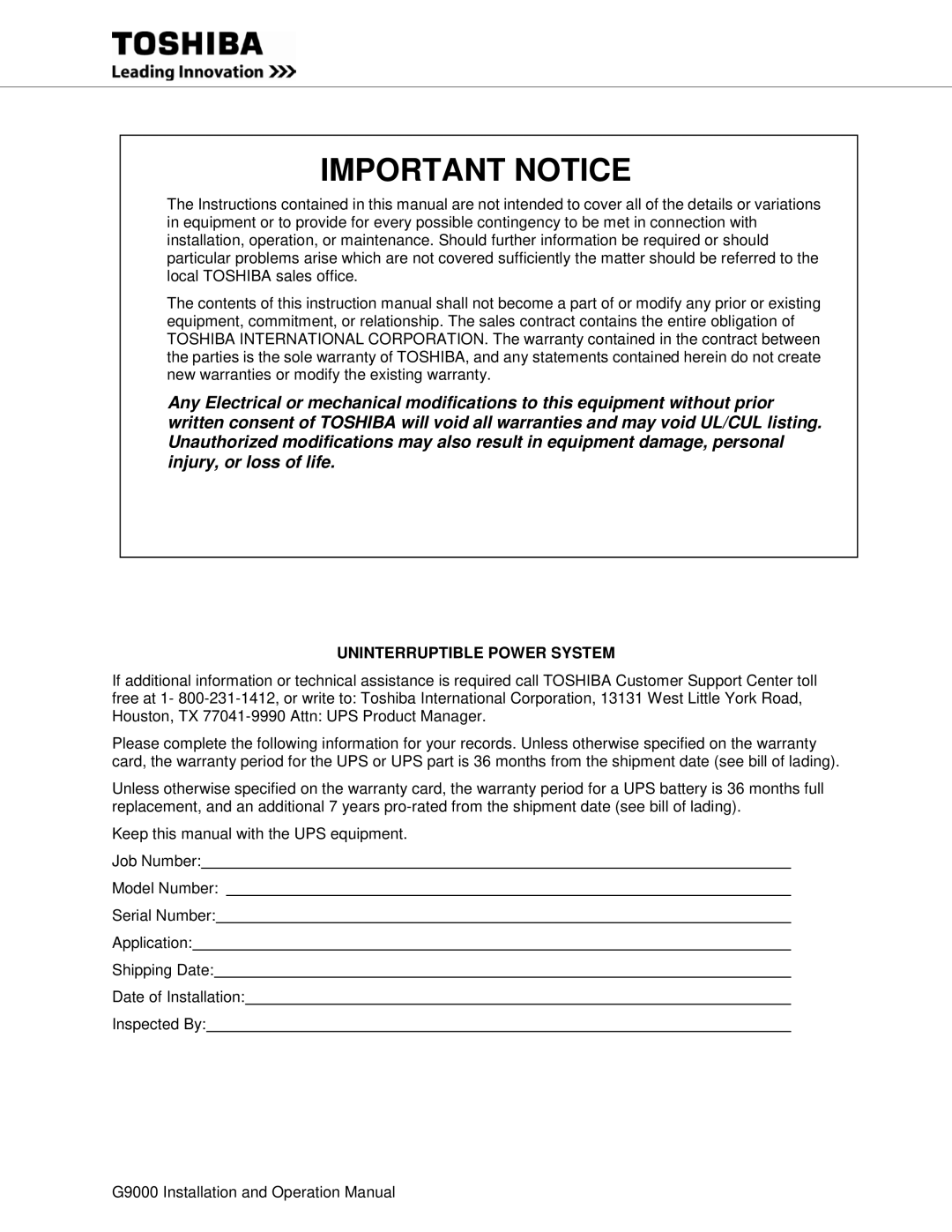 Toshiba G9000 operation manual Important Notice, Uninterruptible Power System 