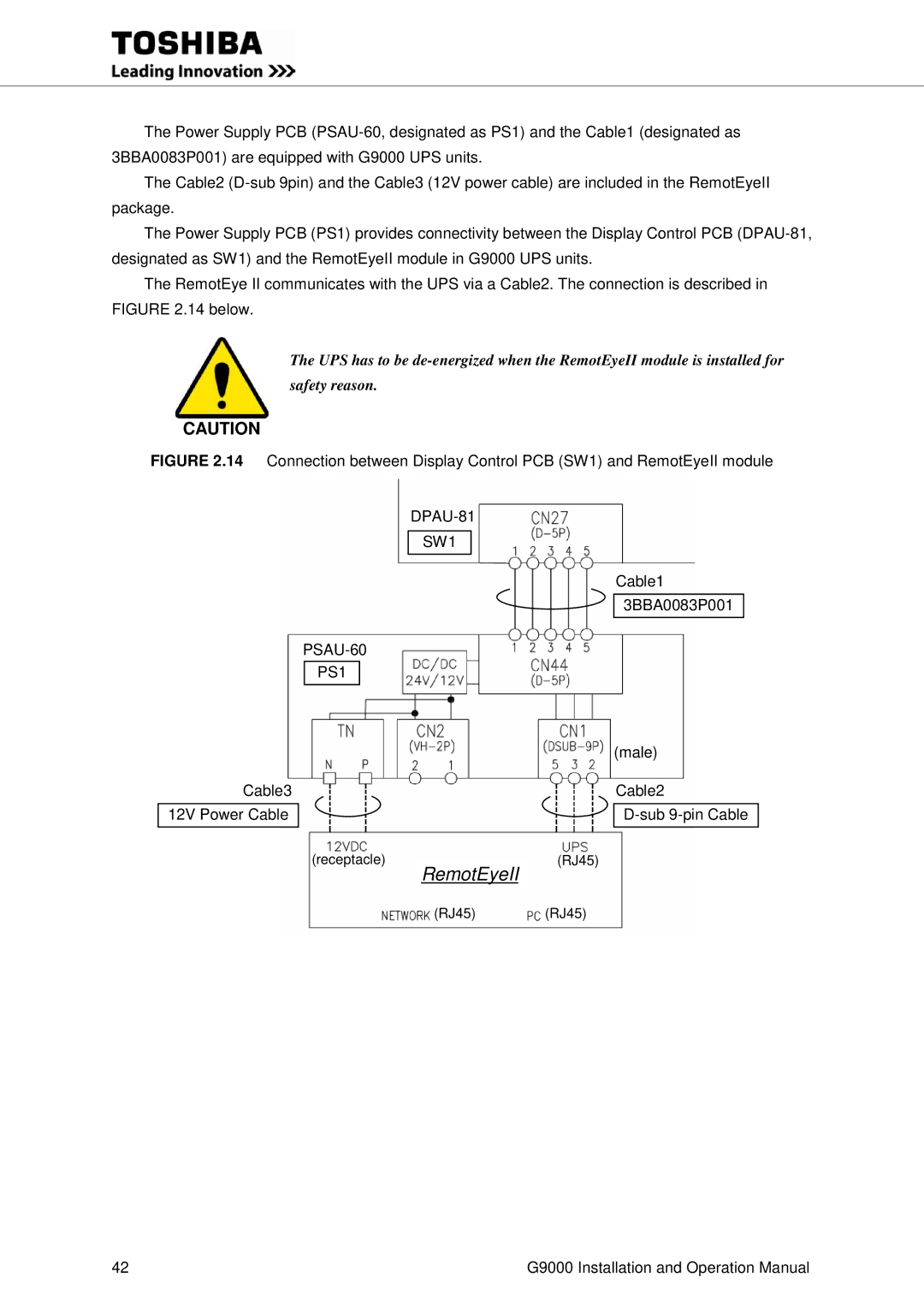 Toshiba G9000 operation manual Cable1 3BBA0083P001, Male Cable3 12V Power Cable Cable2 Sub 9-pin Cable 