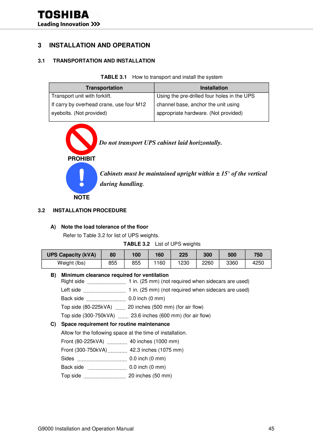 Toshiba G9000 operation manual Transportation and Installation, Transportation Installation, Installation Procedure 