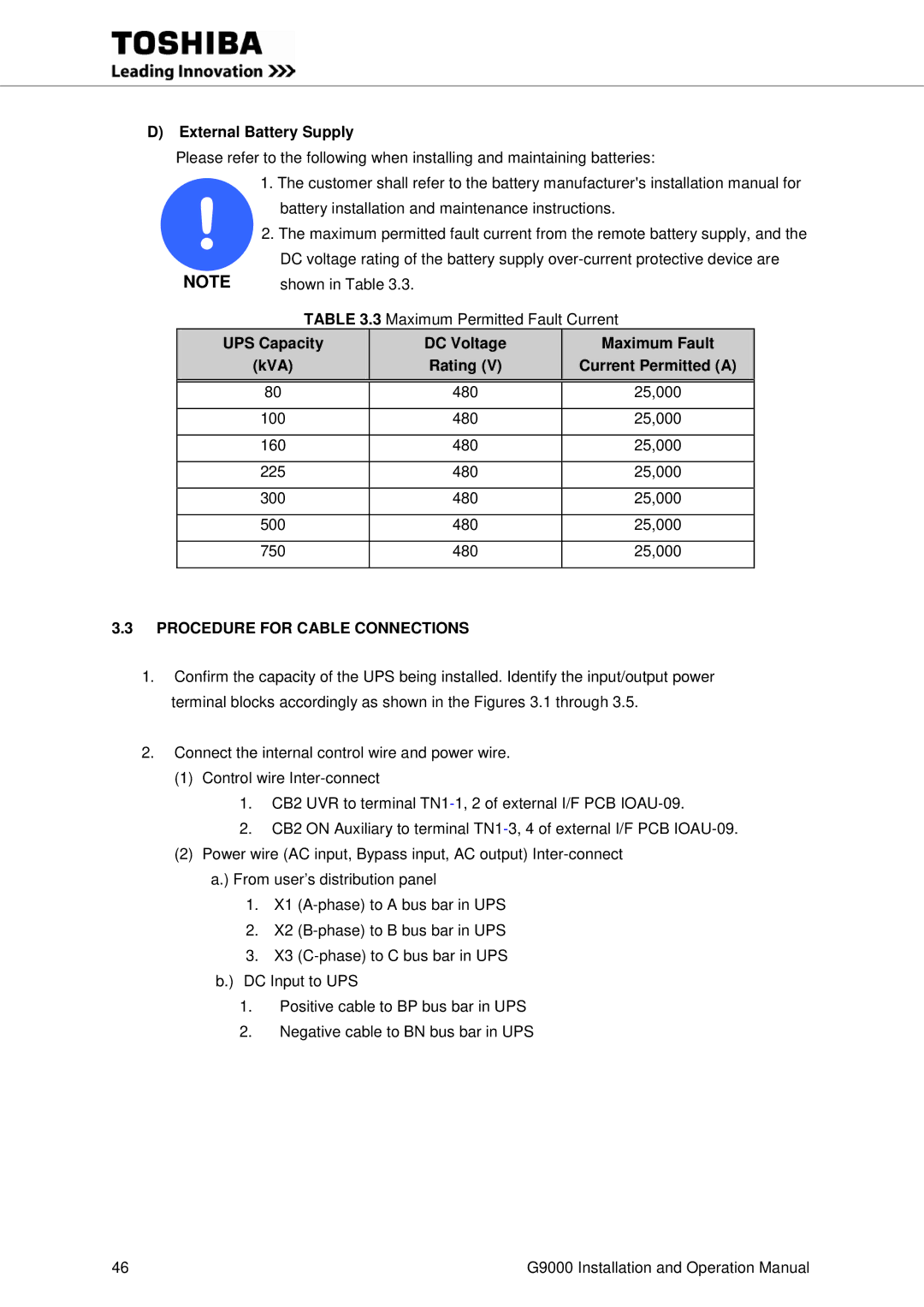 Toshiba G9000 operation manual External Battery Supply, UPS Capacity DC Voltage, KVA Rating Current Permitted a 
