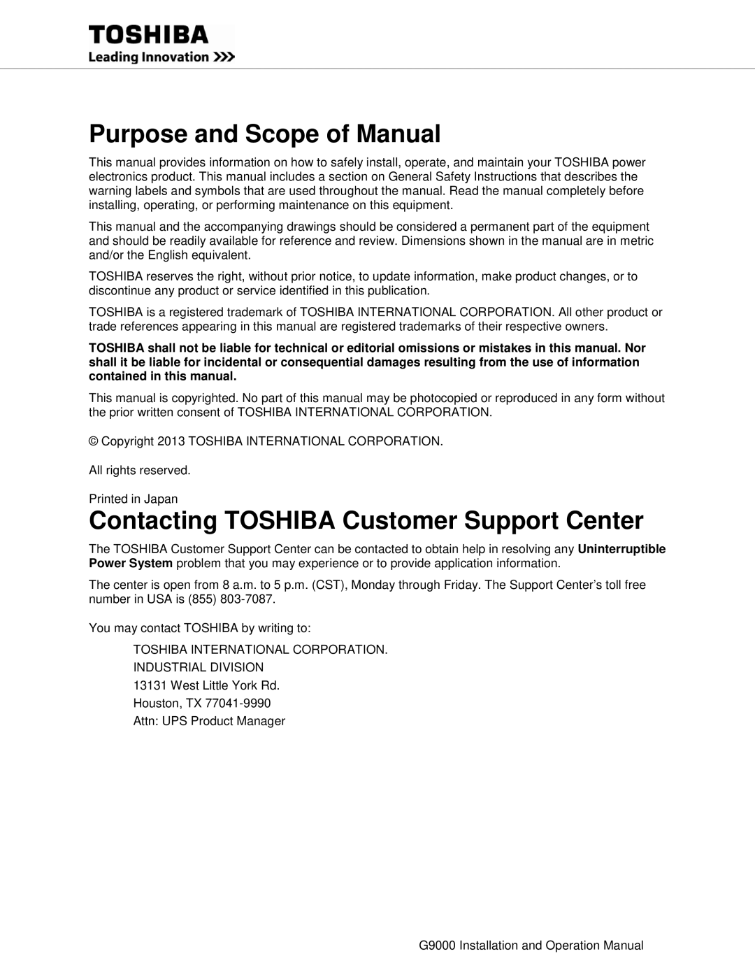 Toshiba G9000 operation manual Purpose and Scope of Manual 