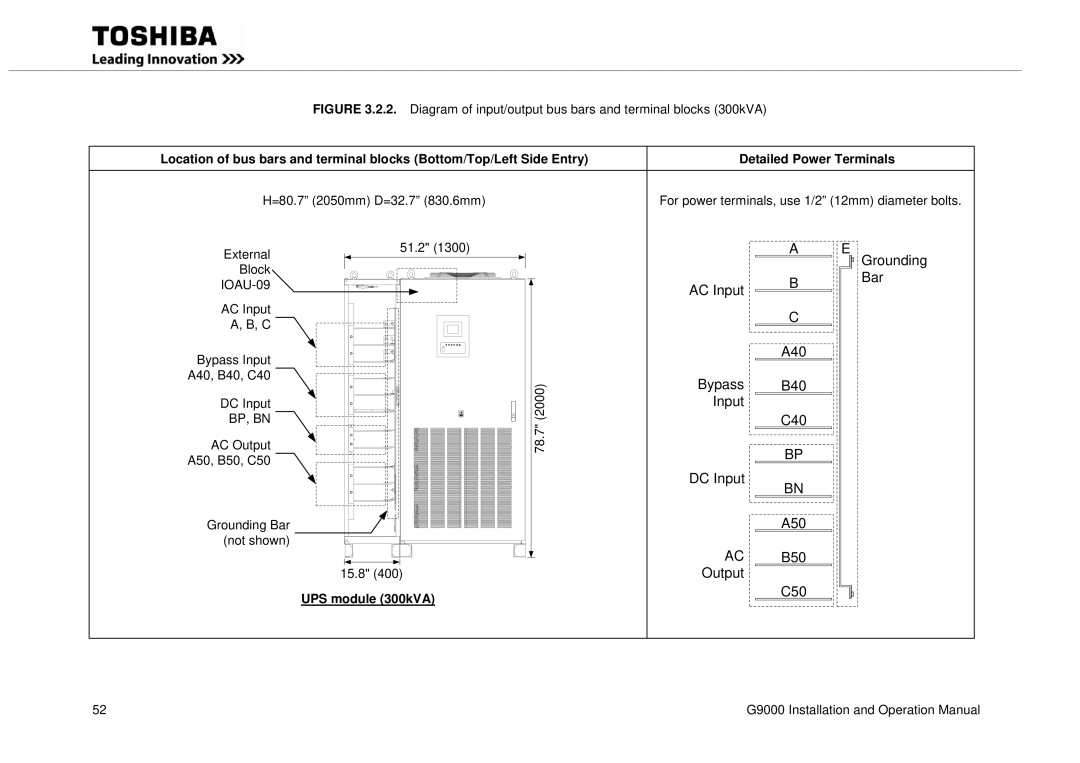 Toshiba G9000 operation manual Detailed Power Terminals, UPS module 300kVA 