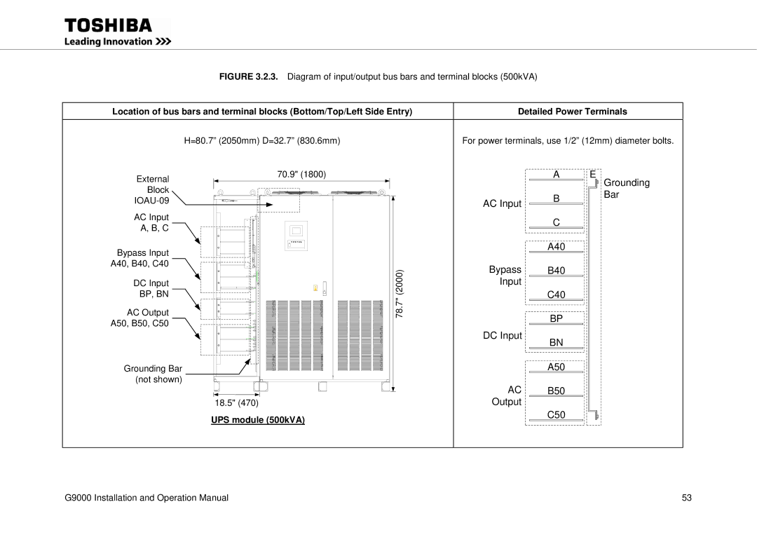 Toshiba G9000 operation manual A50, B50, C50 Grounding Bar not shown 18.5, UPS module 500kVA 