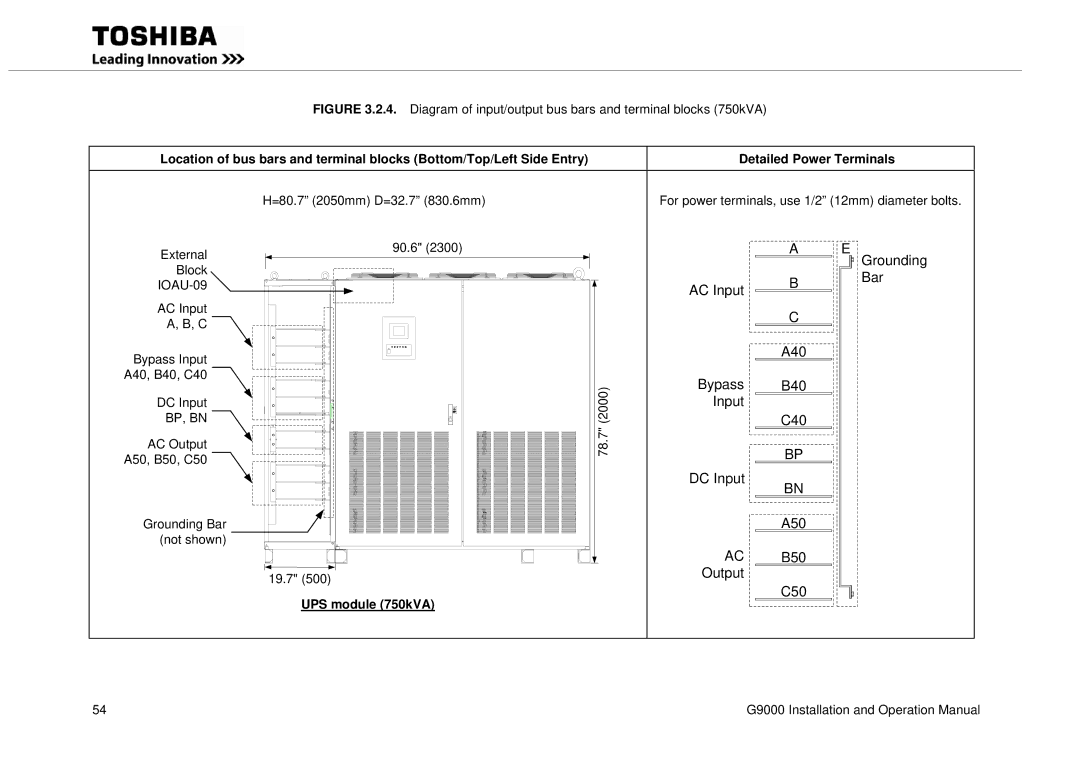 Toshiba G9000 operation manual AC Output 78.7 A50, B50, C50 Grounding Bar Not shown 19.7, UPS module 750kVA 