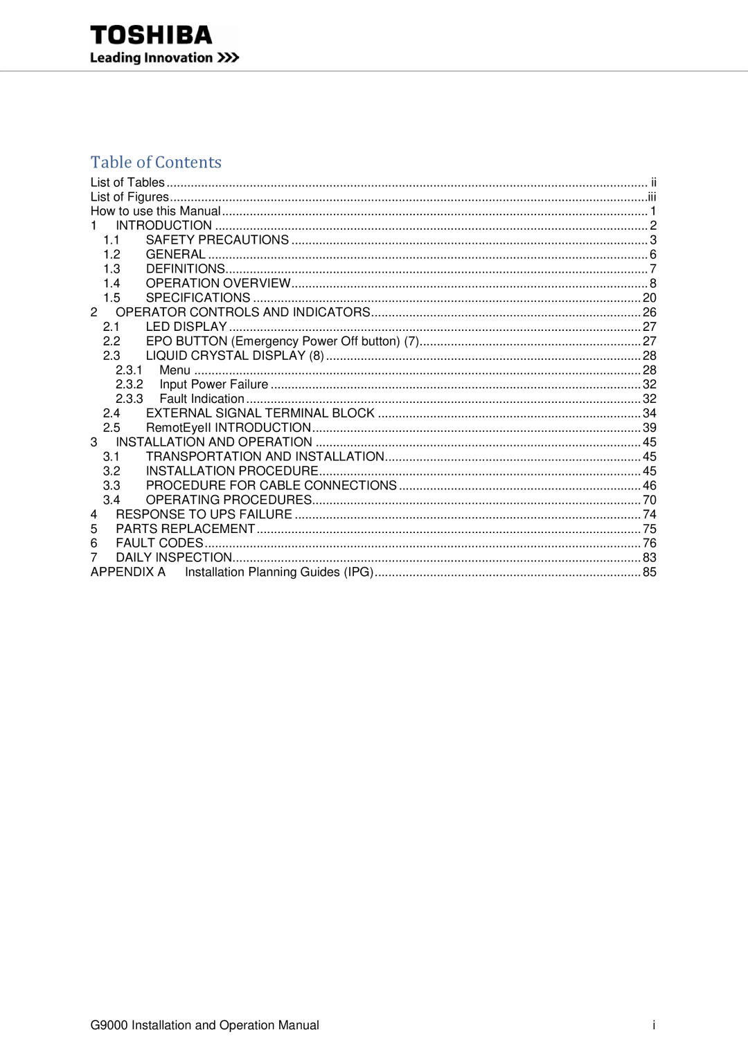 Toshiba G9000 operation manual Table of Contents 