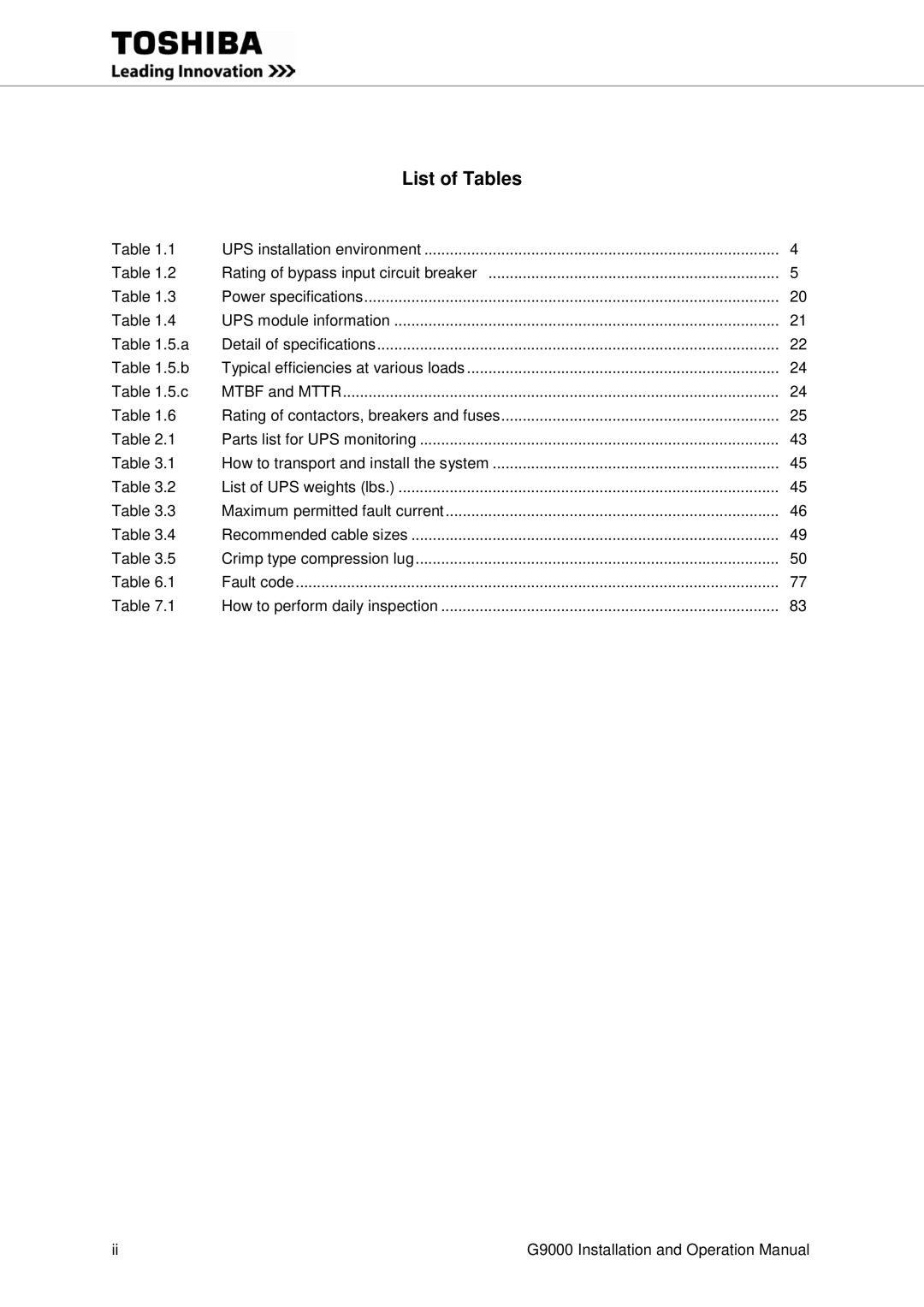 Toshiba G9000 operation manual List of Tables 