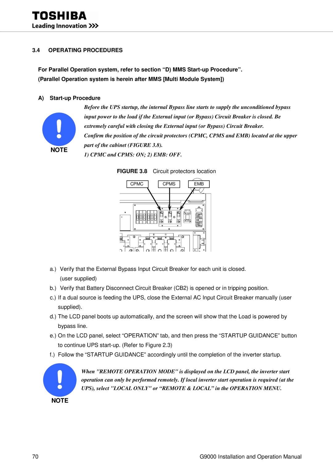 Toshiba G9000 operation manual Operating Procedures, Circuit protectors location 