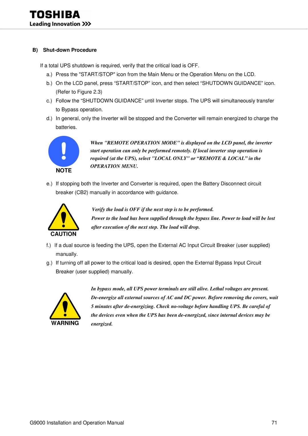 Toshiba G9000 operation manual Shut-down Procedure, Operation Menu 