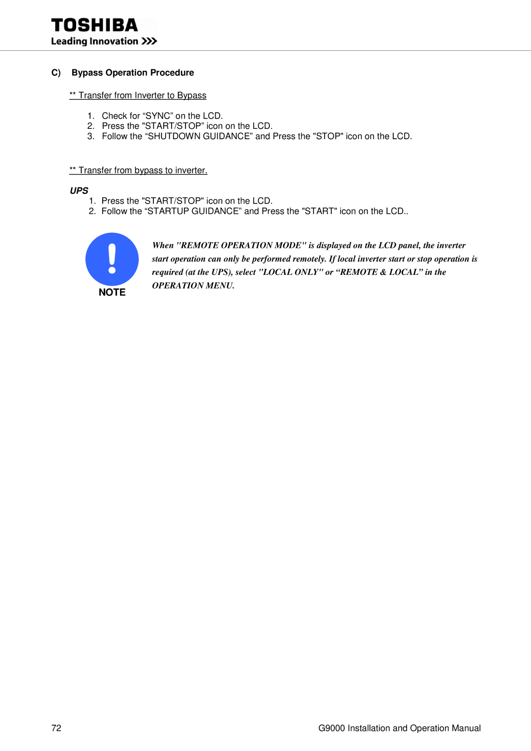 Toshiba G9000 operation manual Bypass Operation Procedure, Ups 