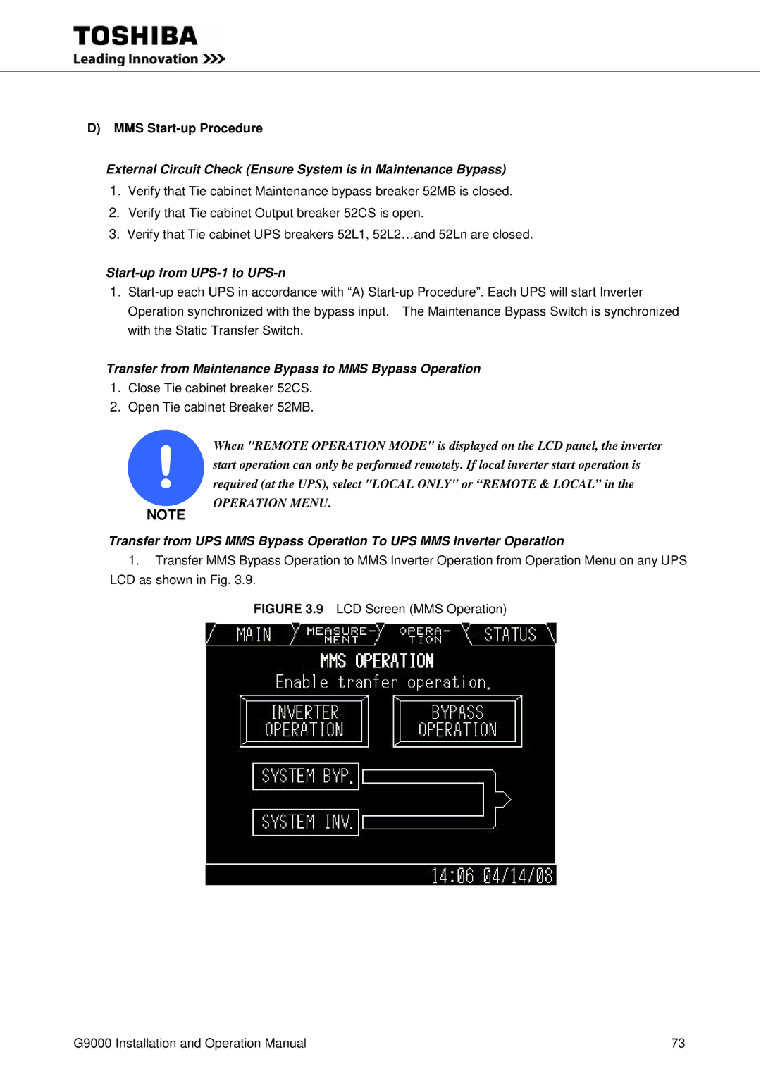 Toshiba G9000 operation manual MMS Start-up Procedure, LCD Screen MMS Operation 