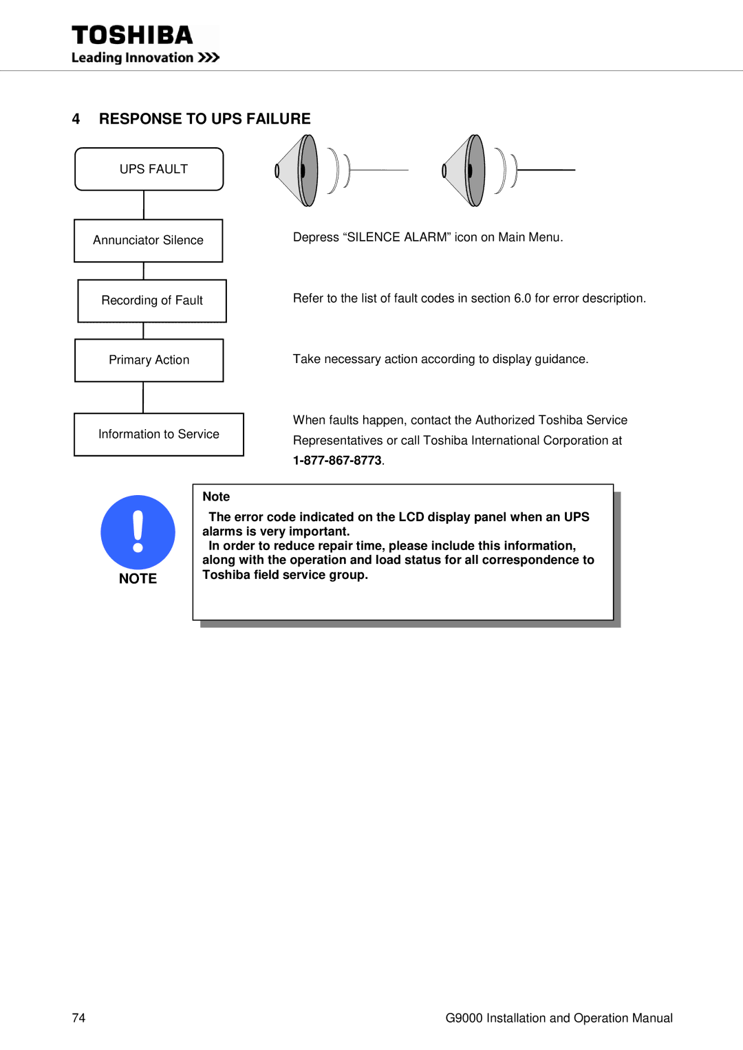 Toshiba G9000 operation manual Response to UPS Failure 