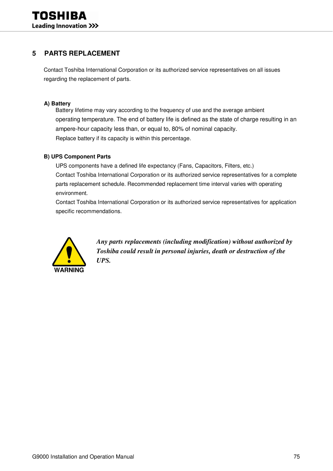 Toshiba G9000 operation manual Battery, Replace battery if its capacity is within this percentage, UPS Component Parts 