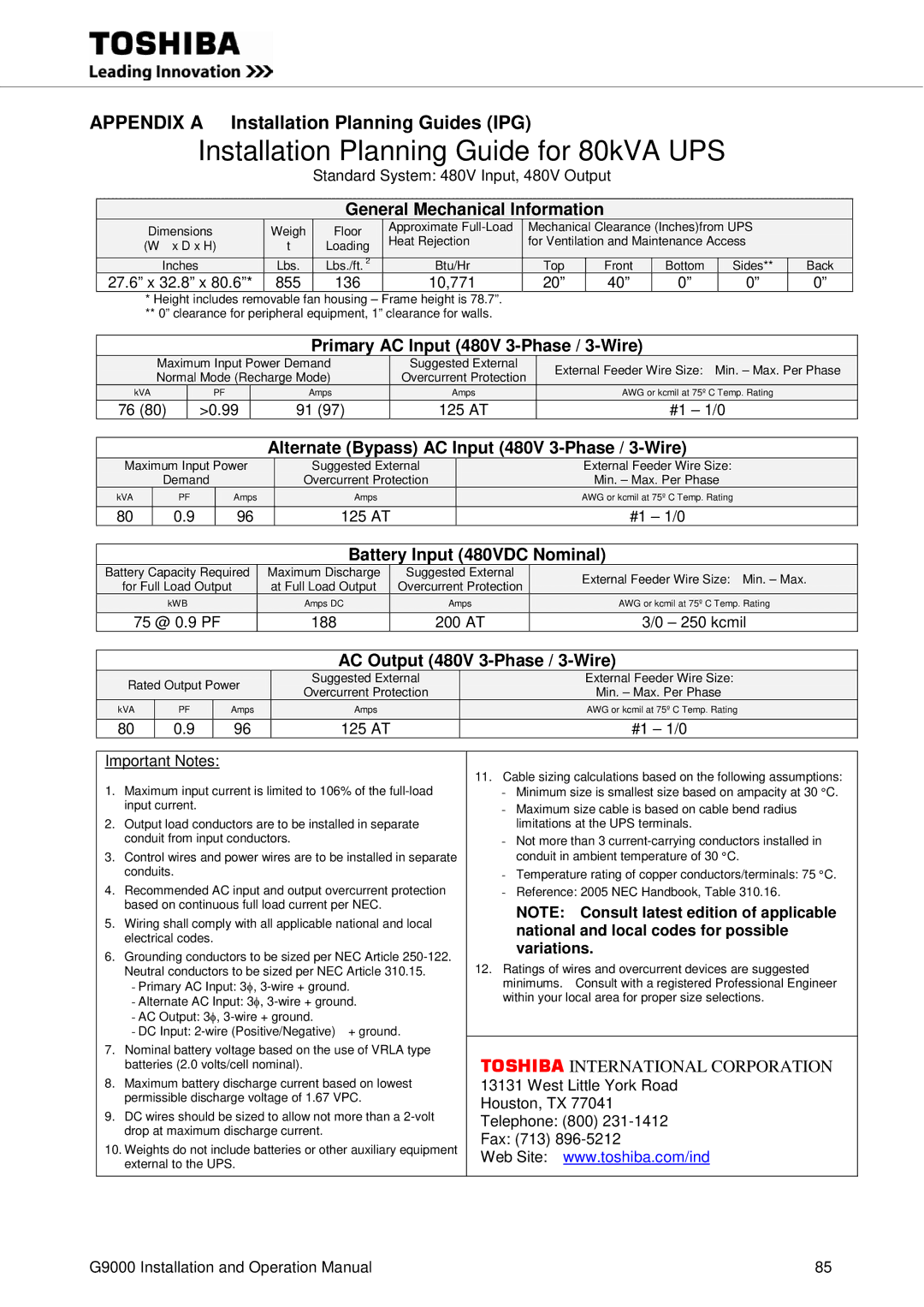 Toshiba G9000 operation manual Consult latest edition of applicable, National and local codes for possible, Variations 