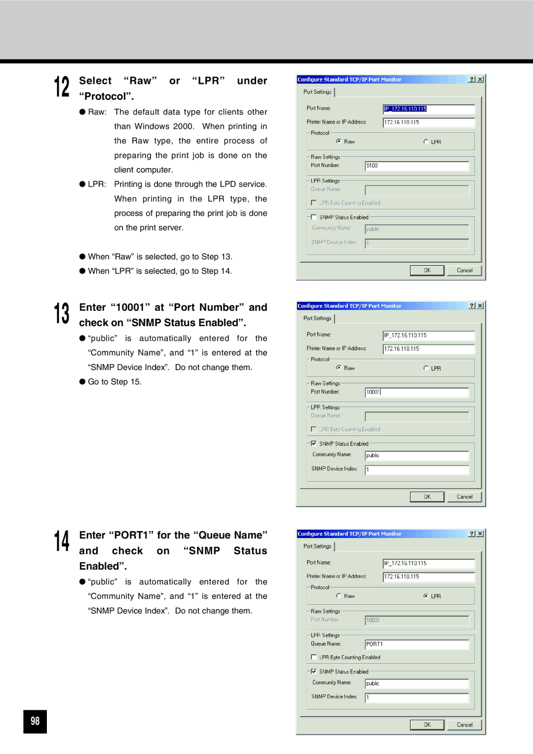 Toshiba GA-1031 manual Select Raw or LPR under Protocol, Enter 10001 at Port Number Check on Snmp Status Enabled 