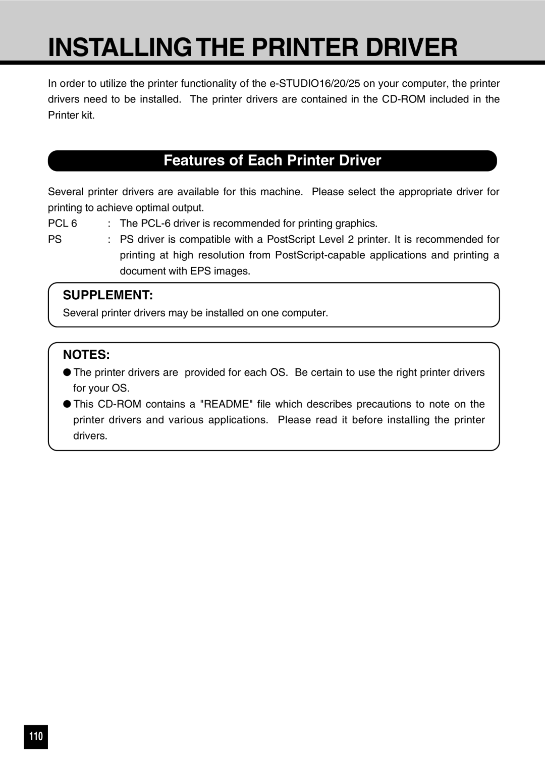 Toshiba GA-1031 manual Installing the Printer Driver, Features of Each Printer Driver, 110 