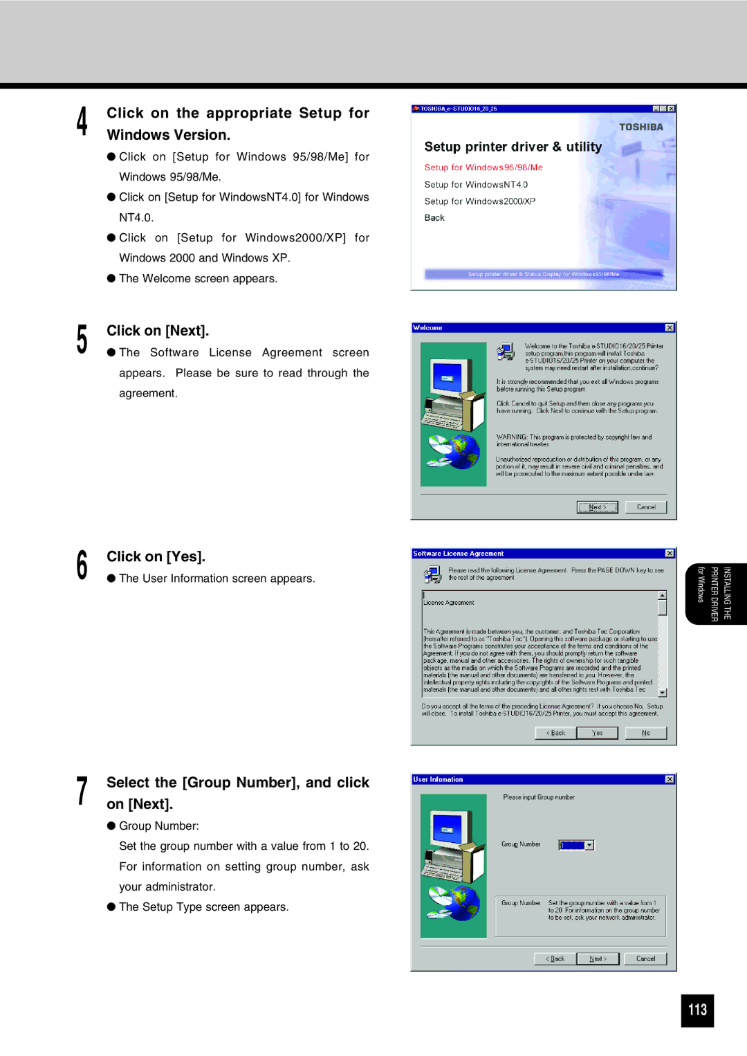 Toshiba GA-1031 113, Click on the appropriate Setup for, Windows Version, Select the Group Number, and click, On Next 