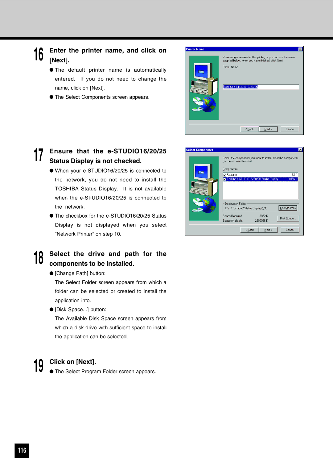 Toshiba GA-1031 manual 116, Enter the printer name, and click on Next 