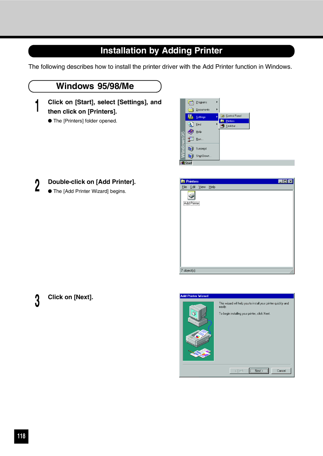 Toshiba GA-1031 manual Installation by Adding Printer, Windows 95/98/Me, 118 