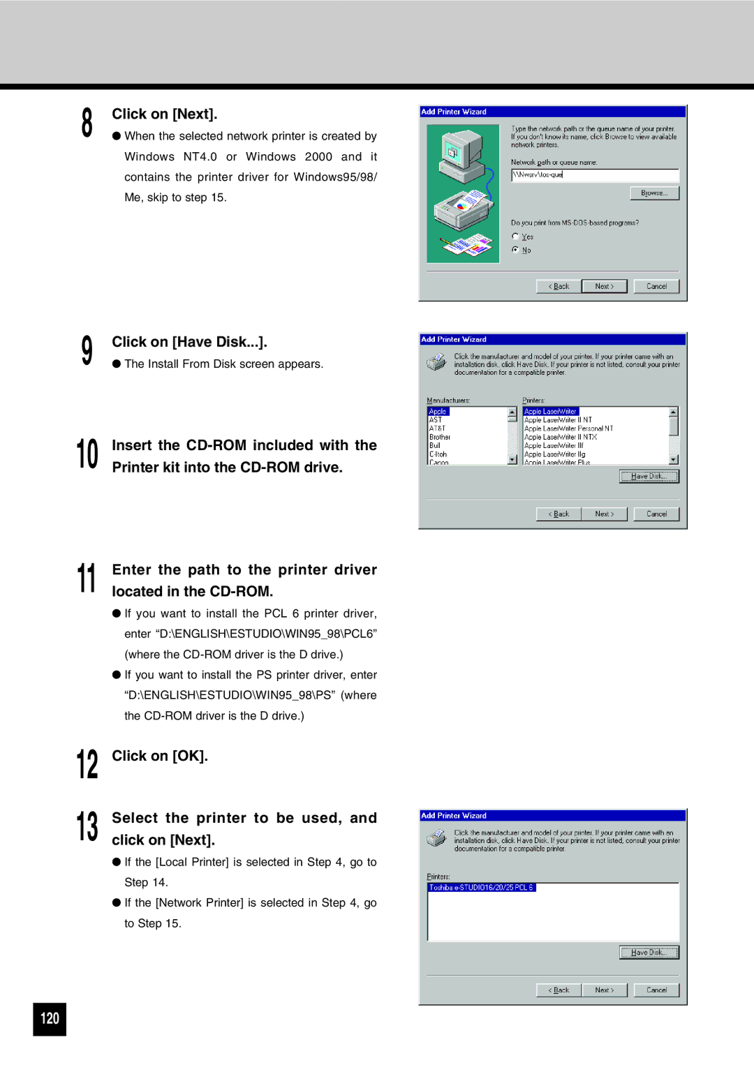 Toshiba GA-1031 manual 120, Click on OK Select the printer to be used, and click on Next 