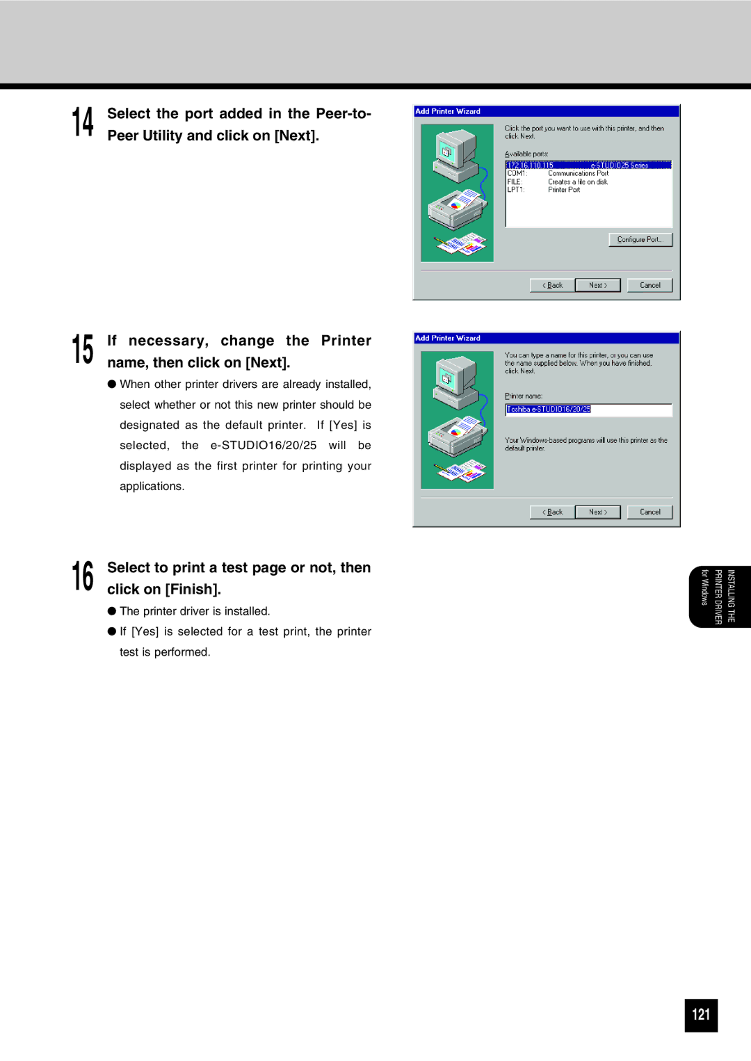 Toshiba GA-1031 121, If necessary, change the Printer name, then click on Next, Select to print a test page or not, then 