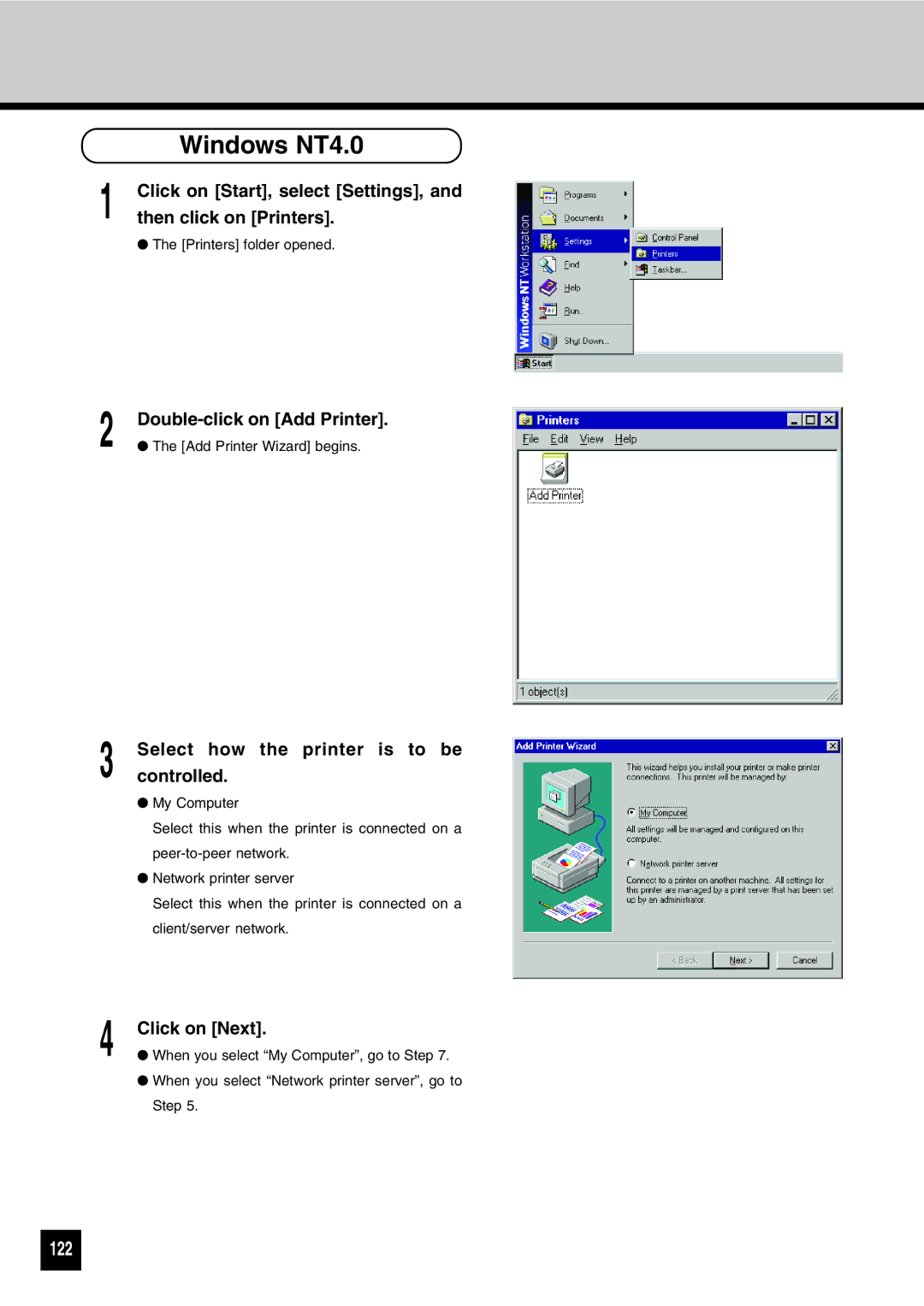 Toshiba GA-1031 manual Windows NT4.0, 122, Click on Start, select Settings, Then click on Printers 