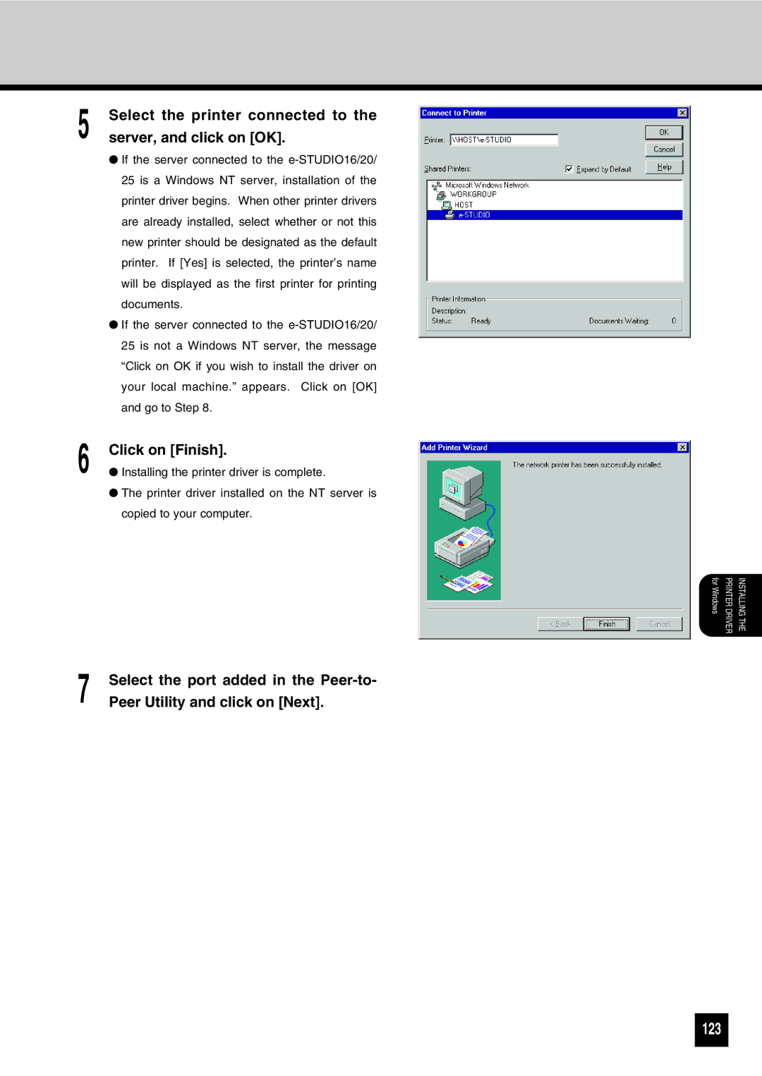 Toshiba GA-1031 manual 123, Select the printer connected to, Server, and click on OK, Select the port added in the Peer-to 