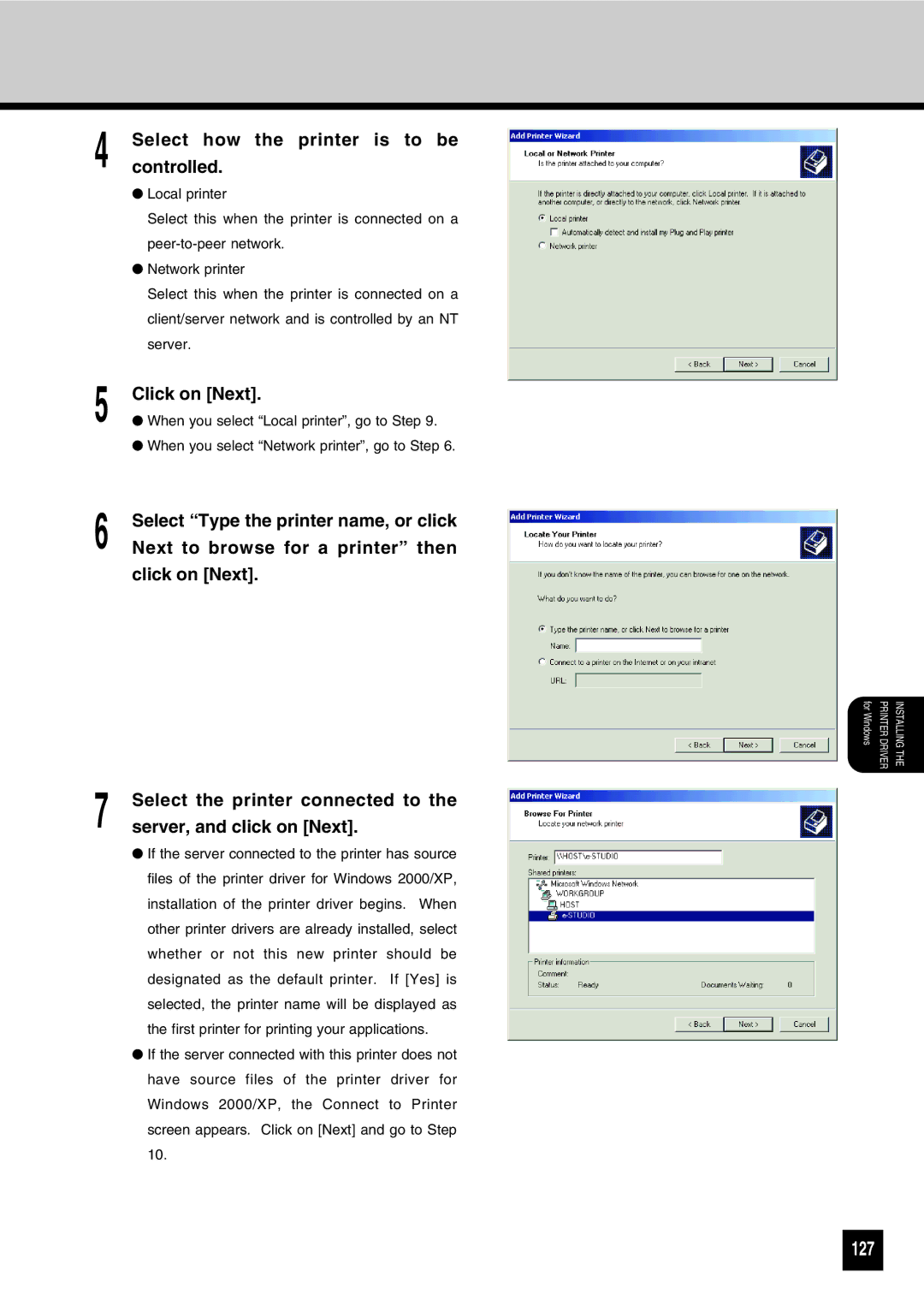 Toshiba GA-1031 manual 127, Next to browse for a printer then, Server, and click on Next 