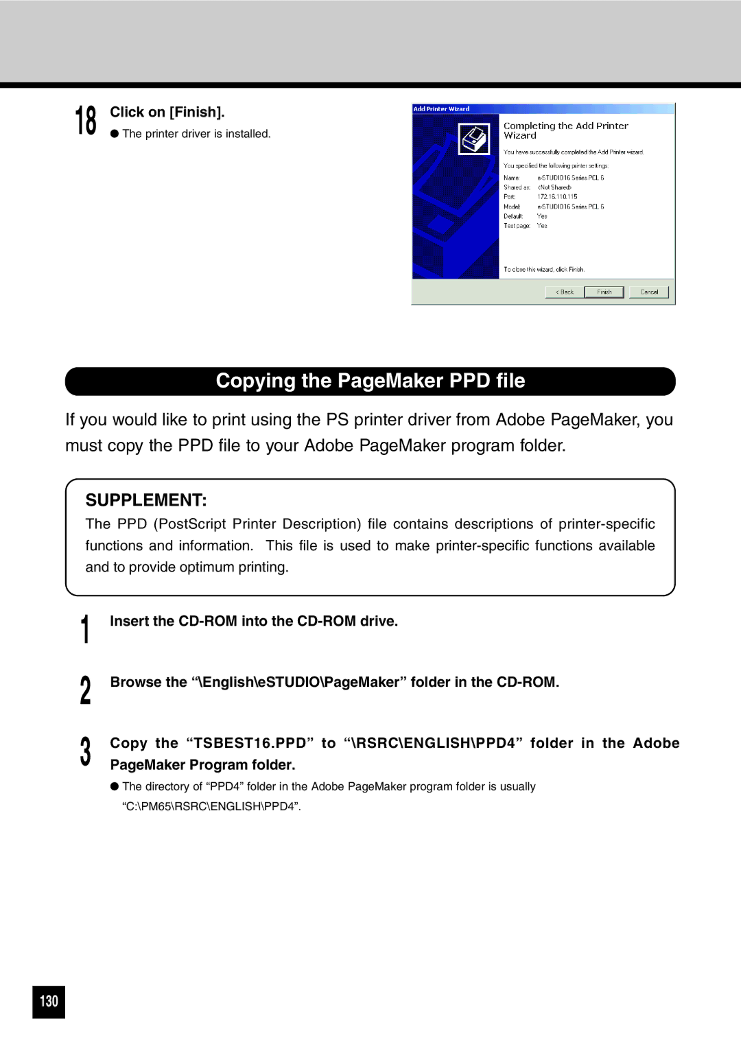 Toshiba GA-1031 manual Copying the PageMaker PPD file, 130 