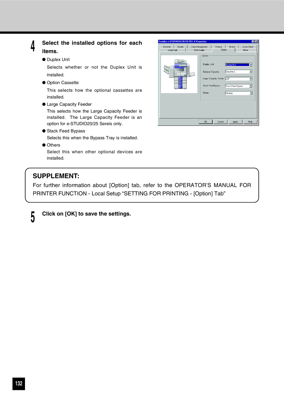 Toshiba GA-1031 manual 132, Selectitems. the installed options for each, Click on OK to save the settings 