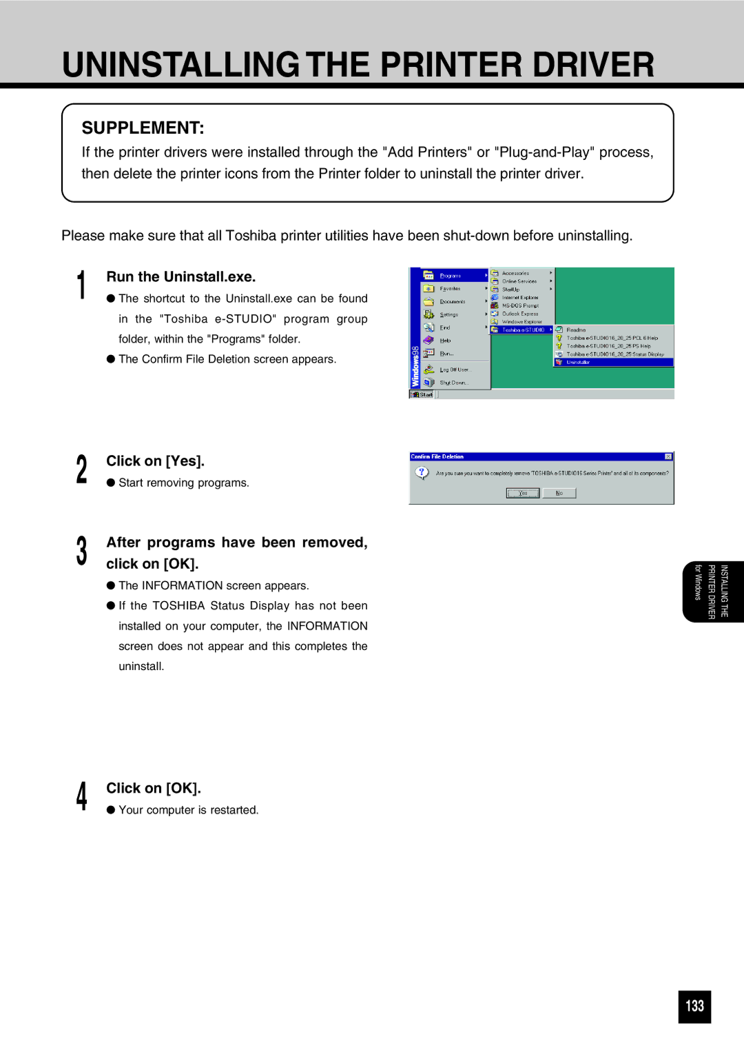 Toshiba GA-1031 manual Uninstalling the Printer Driver, 133, Run the Uninstall.exe, After programs have been removed 