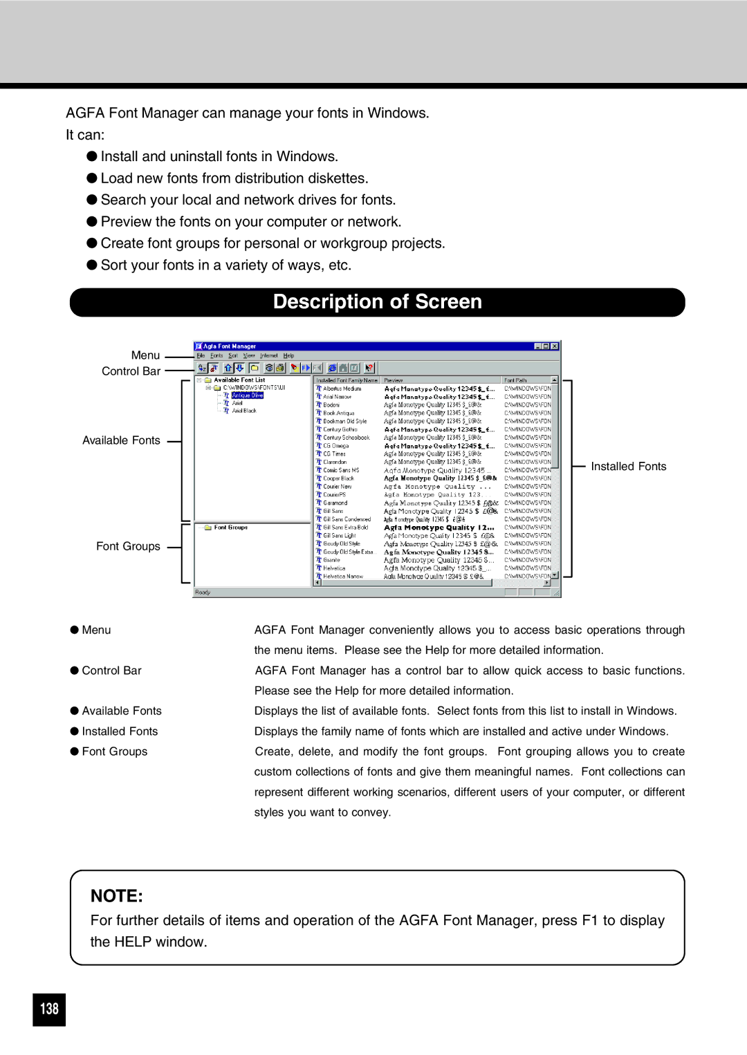 Toshiba GA-1031 manual Description of Screen, 138 