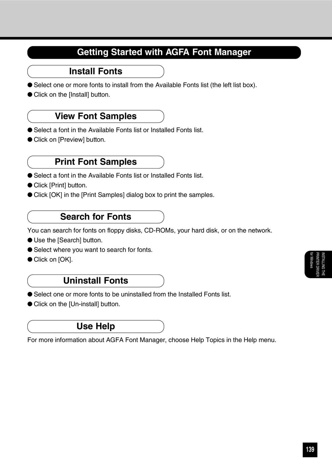 Toshiba GA-1031 manual Getting Started with Agfa Font Manager 