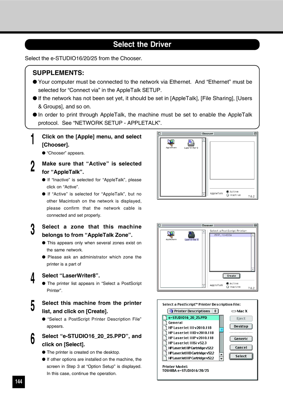 Toshiba GA-1031 manual Select the Driver, 144, Click on the Apple menu, and select Chooser 